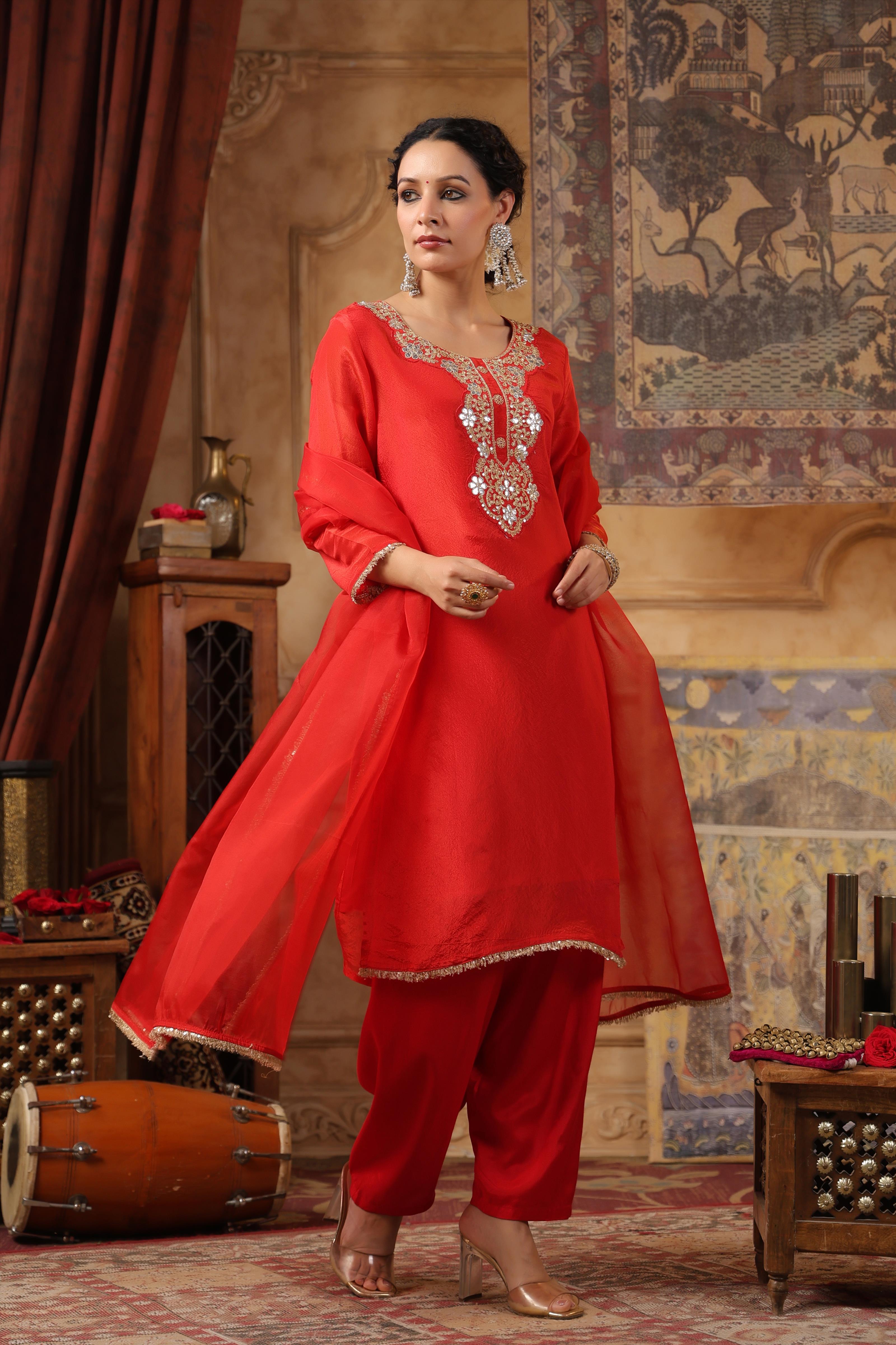 Red Shimmer Organza Embroidered Suit Set