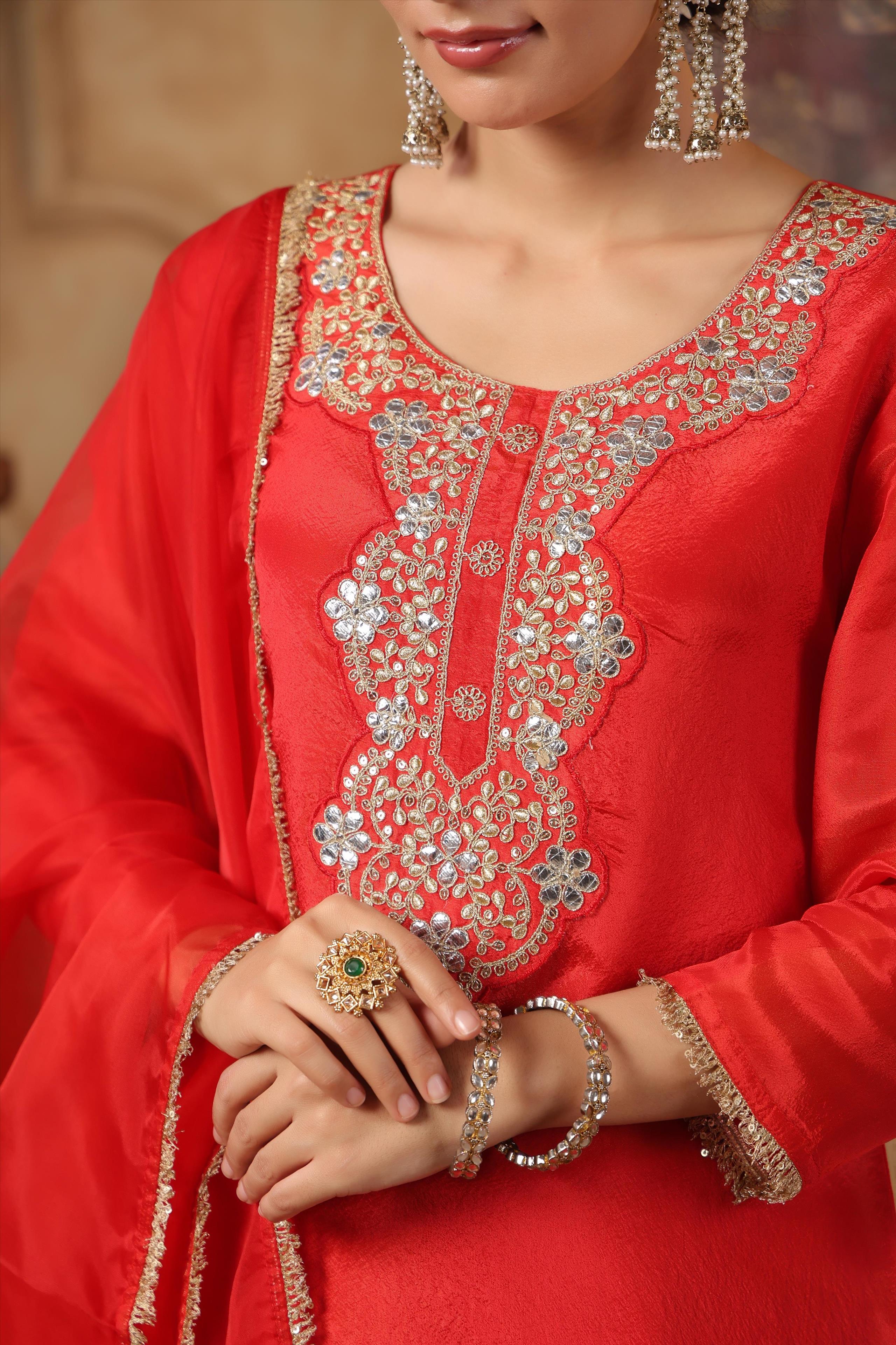 Red Shimmer Organza Embroidered Suit Set