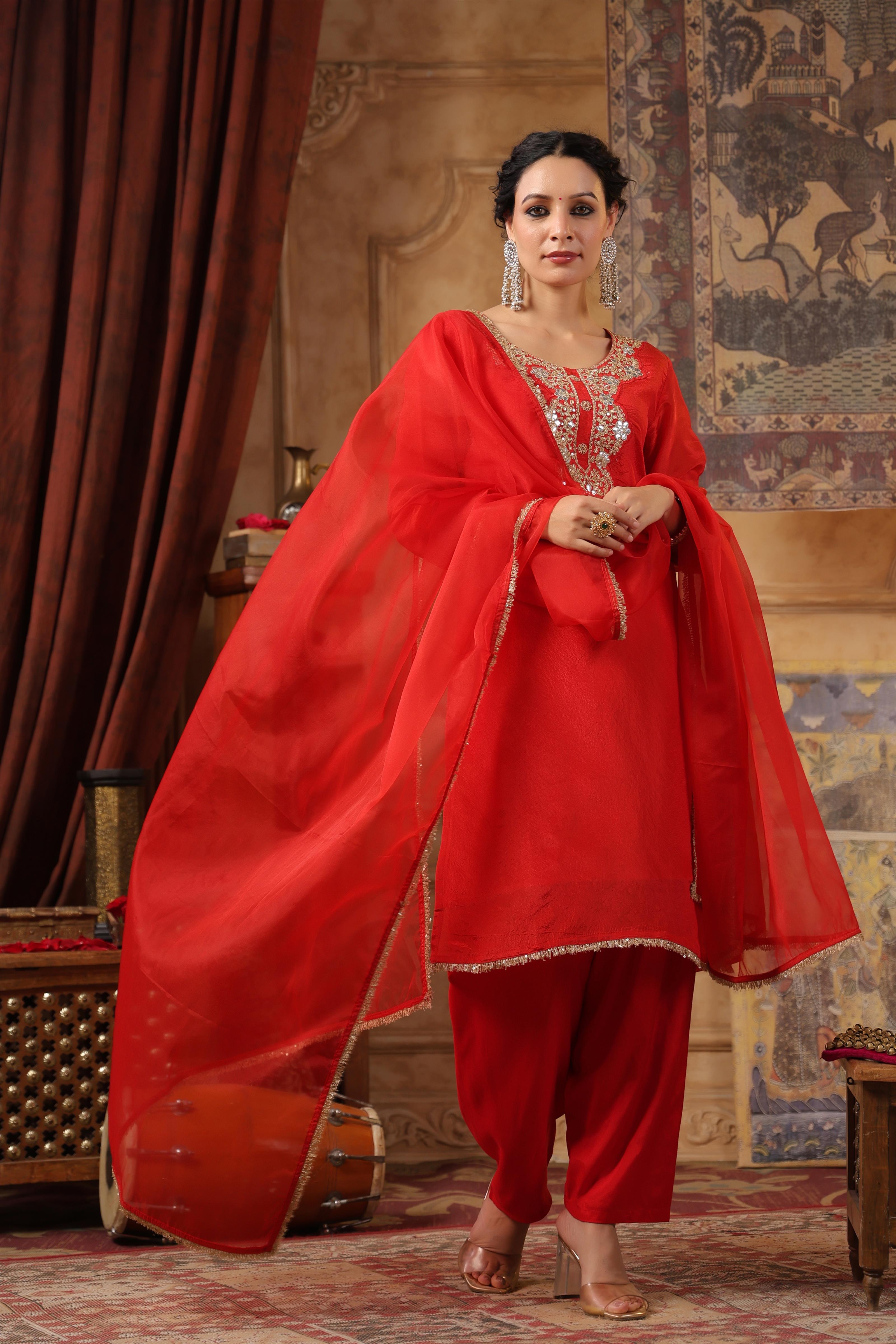 Red Shimmer Organza Embroidered Suit Set