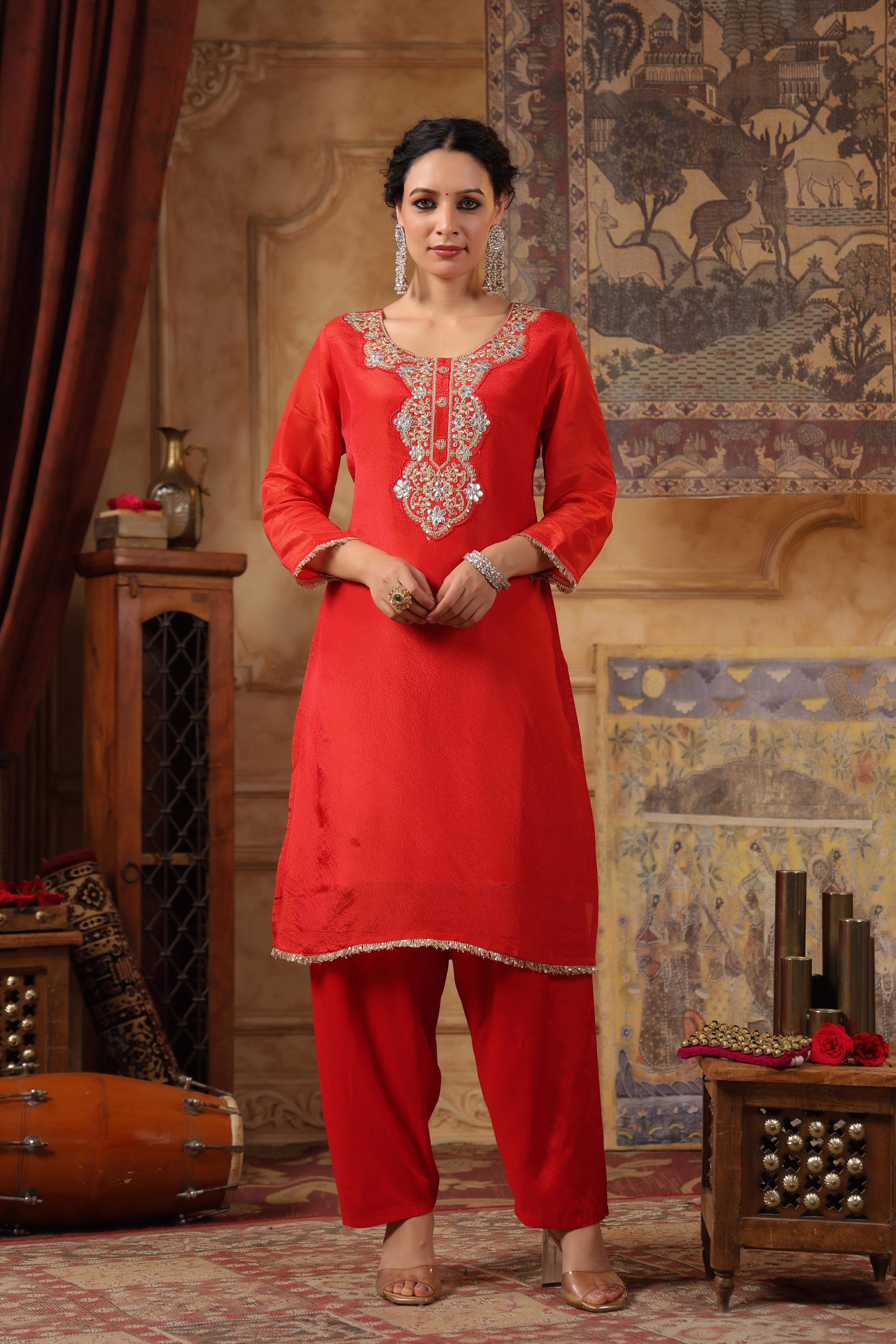 Red Shimmer Organza Embroidered Suit Set