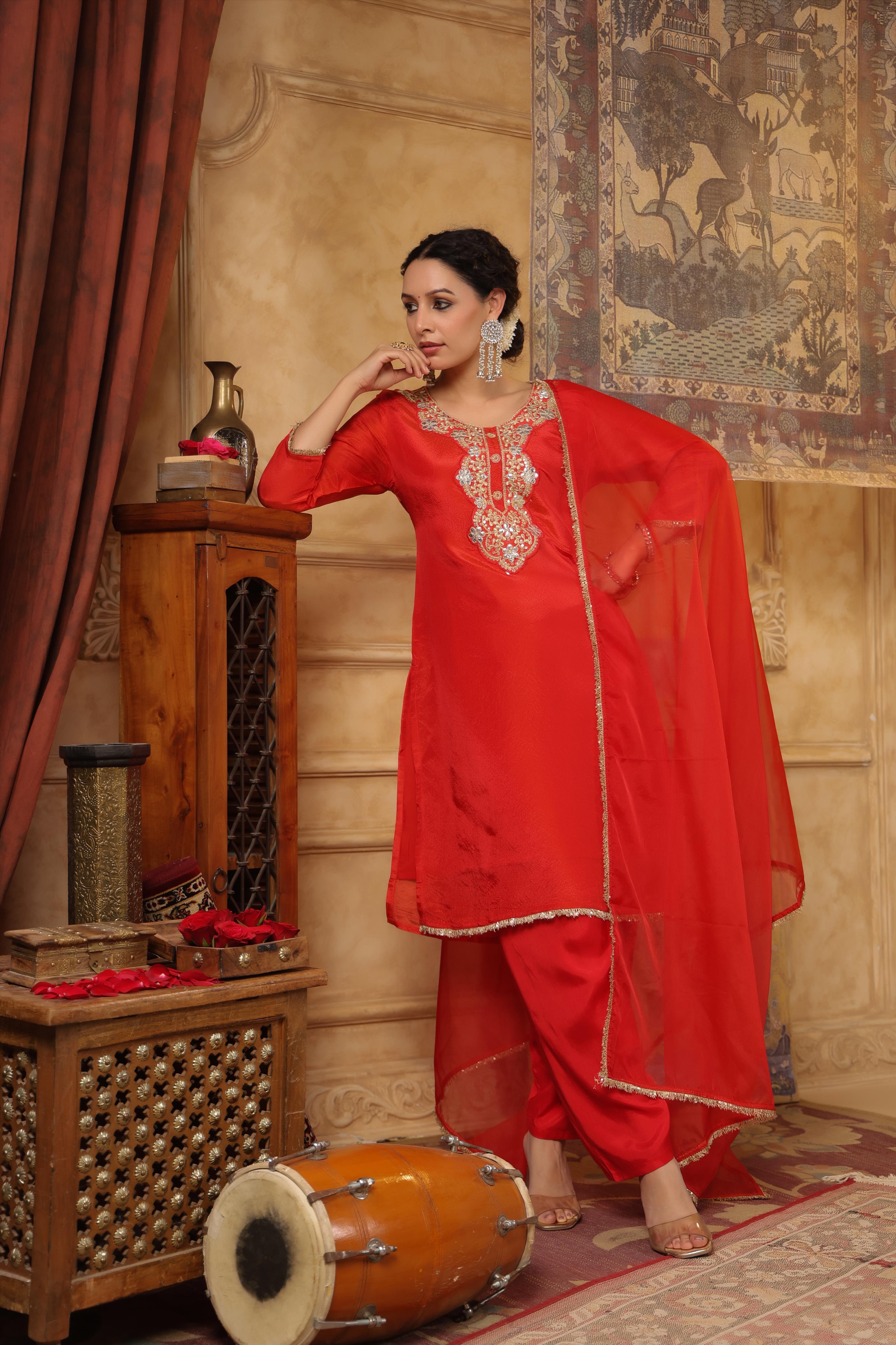 Red Shimmer Organza Embroidered Suit Set