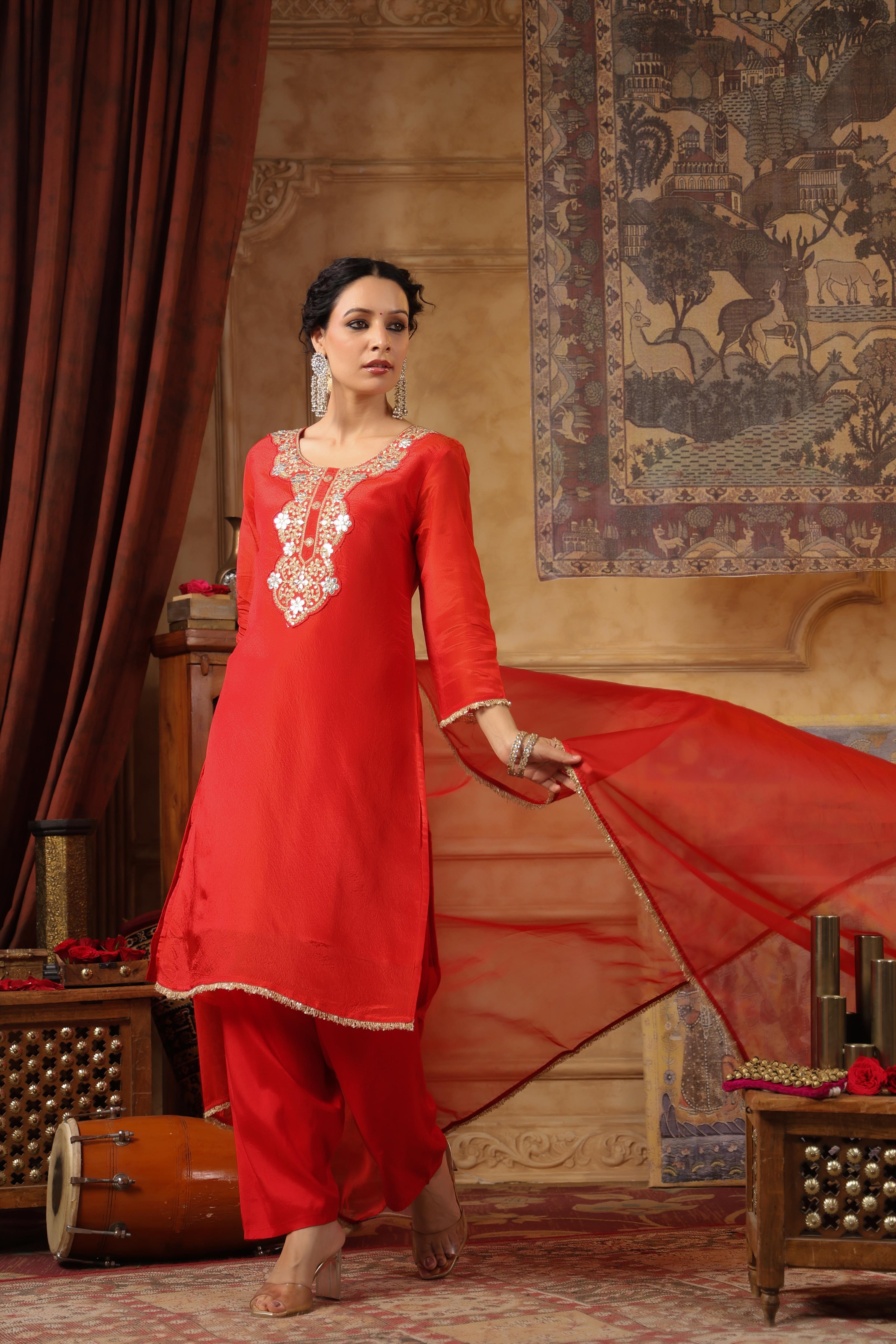 Red Shimmer Organza Embroidered Suit Set