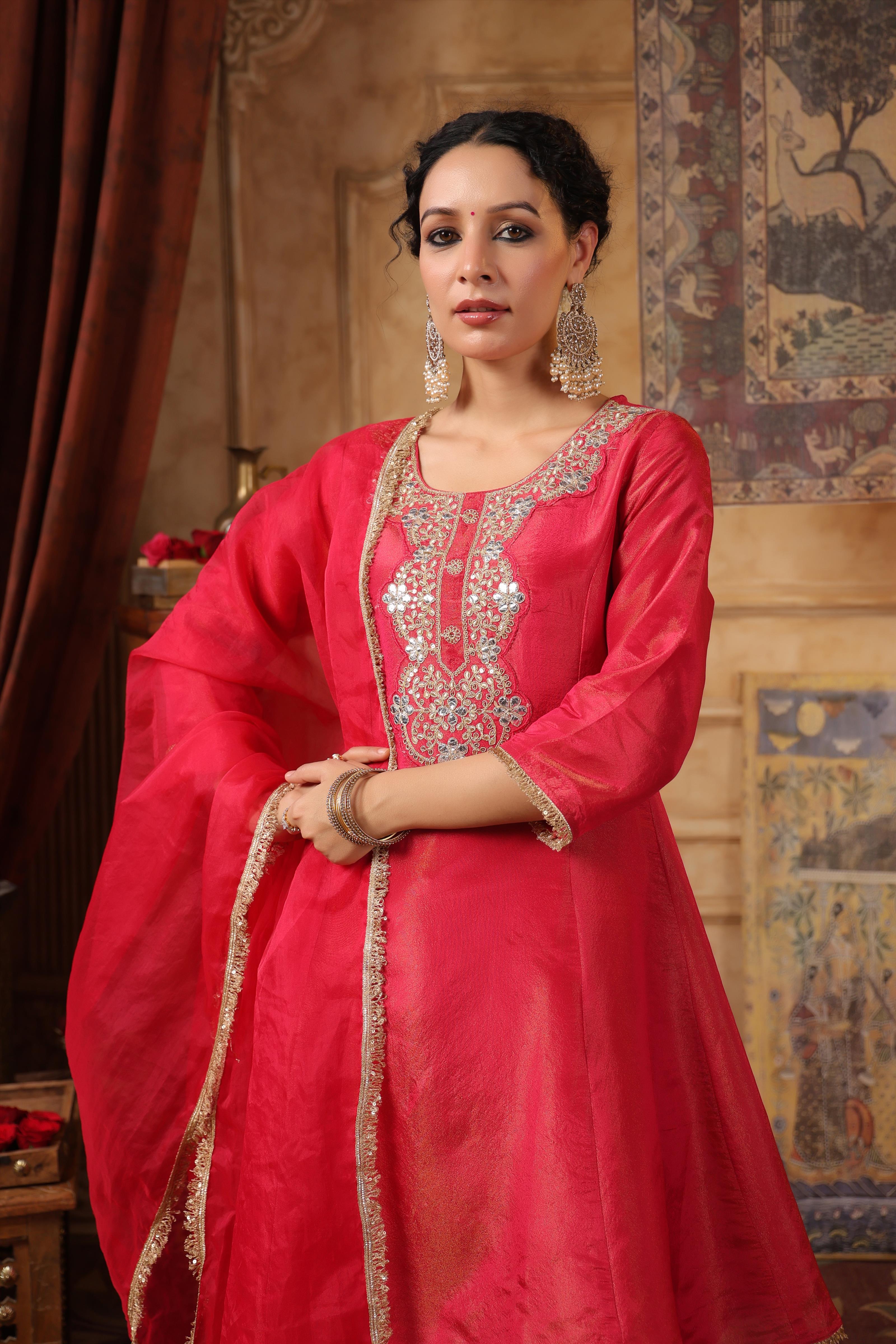 Fuchsia Shimmer Organza Embroidered Anarkali Set