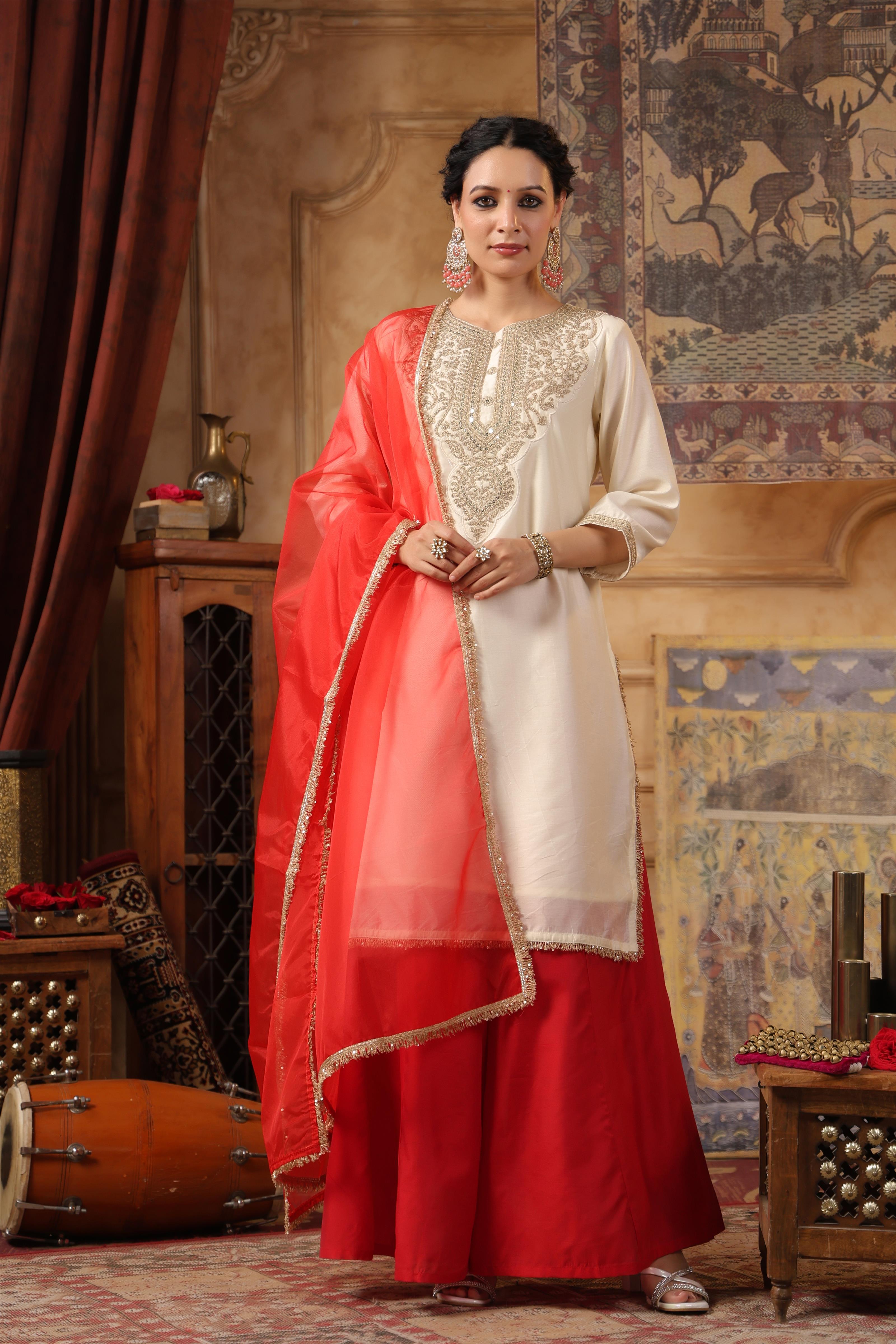 Ivory-Red Dupion Silk Embroidered Palazzo Set