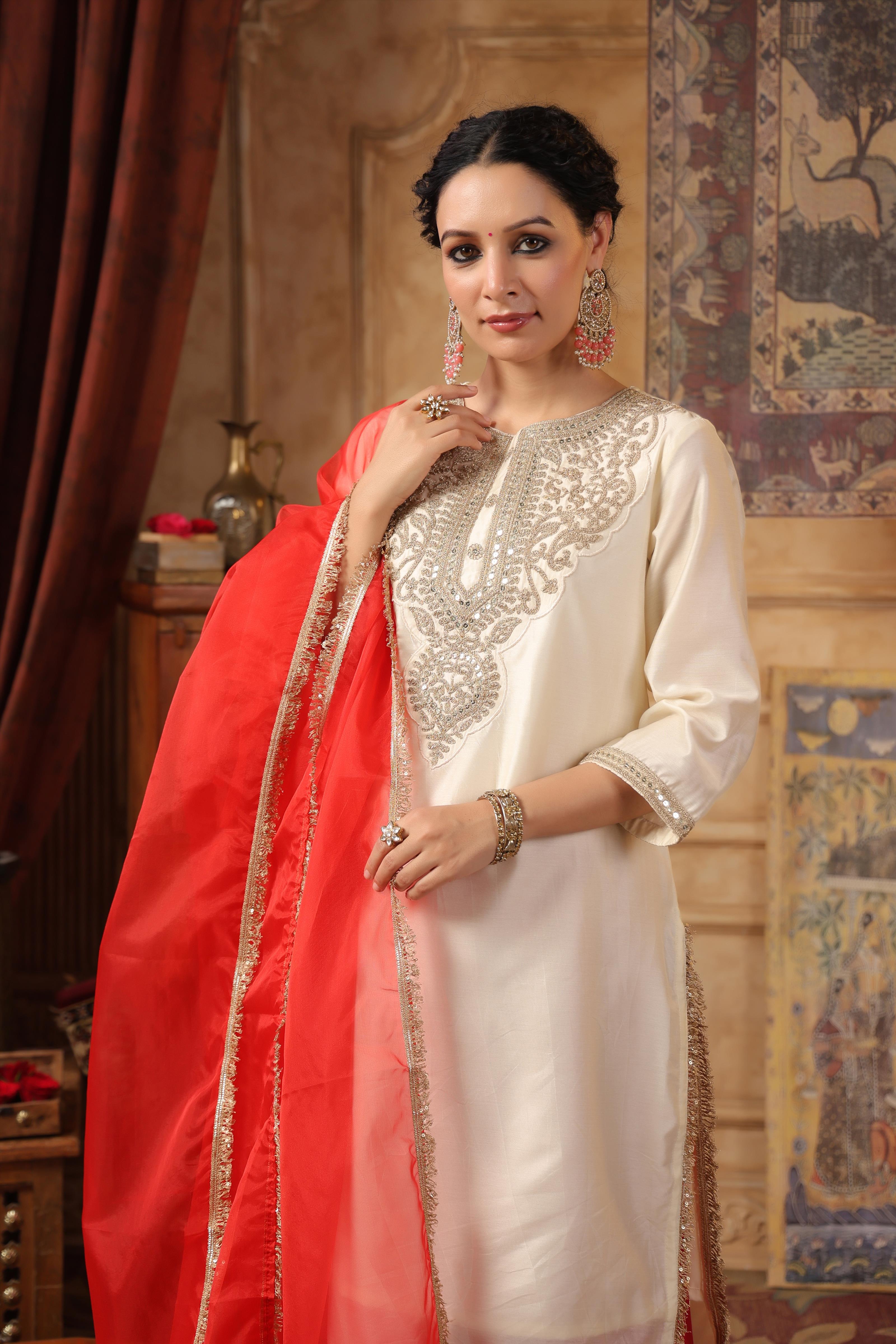 Ivory-Red Dupion Silk Embroidered Palazzo Set