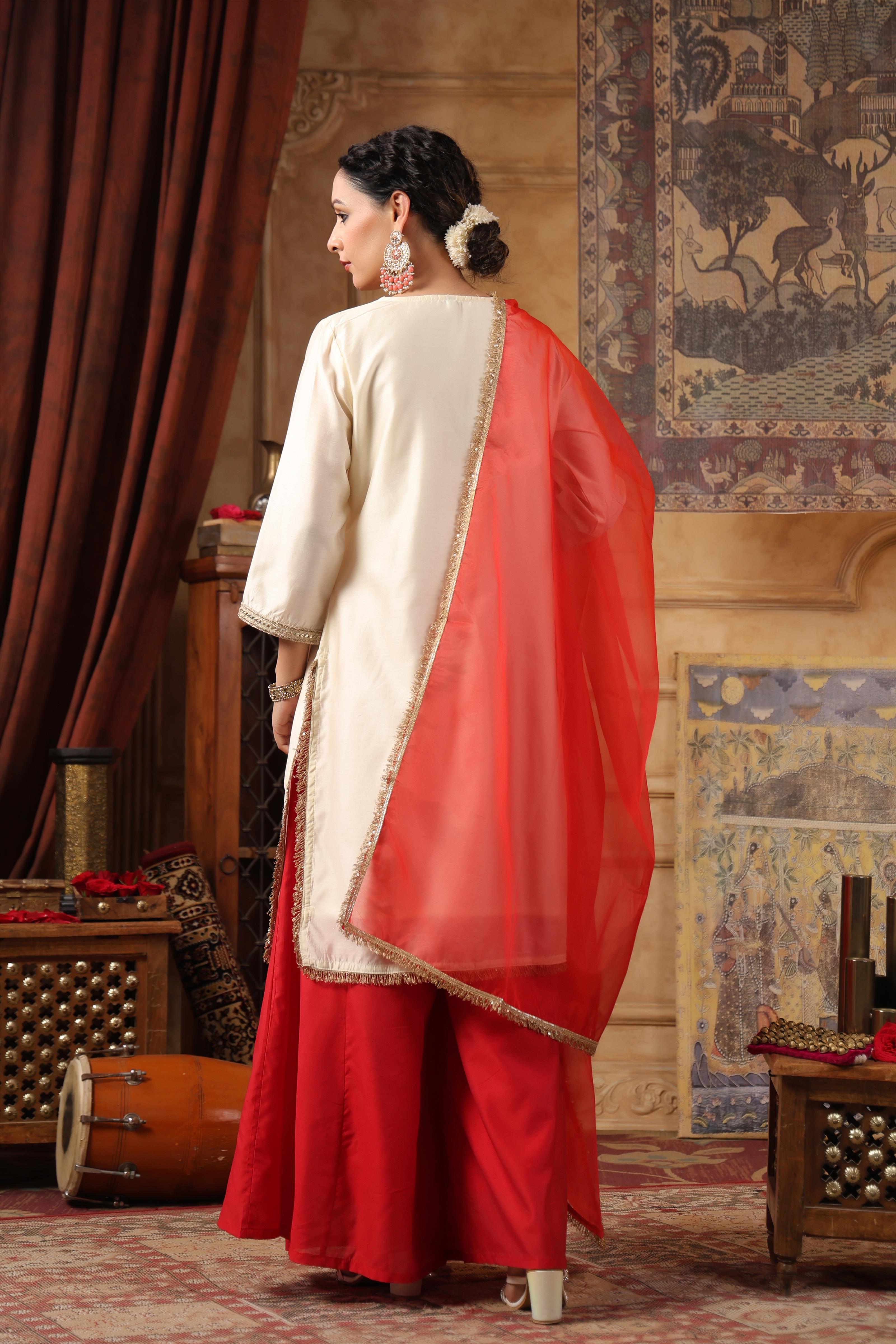 Ivory-Red Dupion Silk Embroidered Palazzo Set