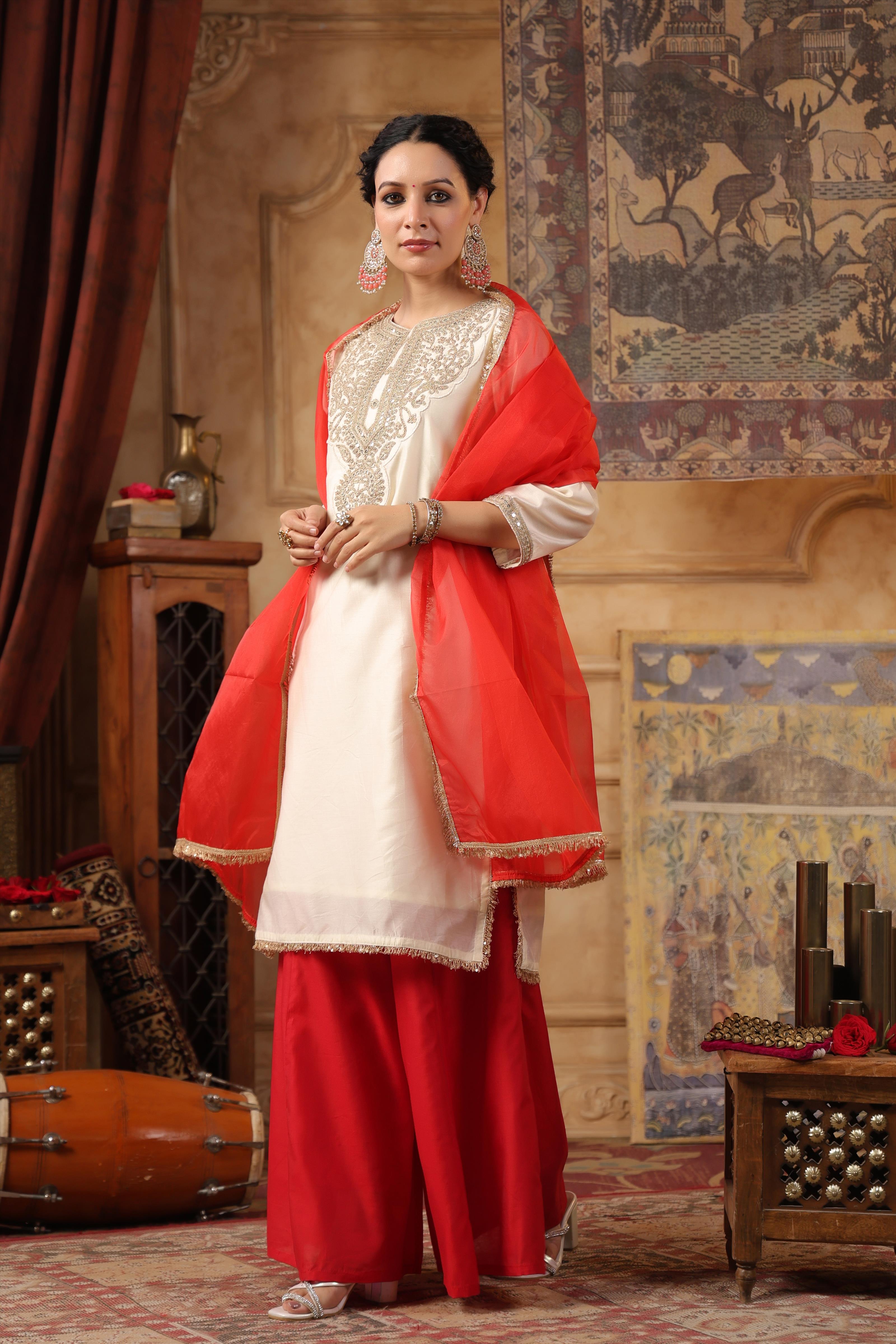 Ivory-Red Dupion Silk Embroidered Palazzo Set