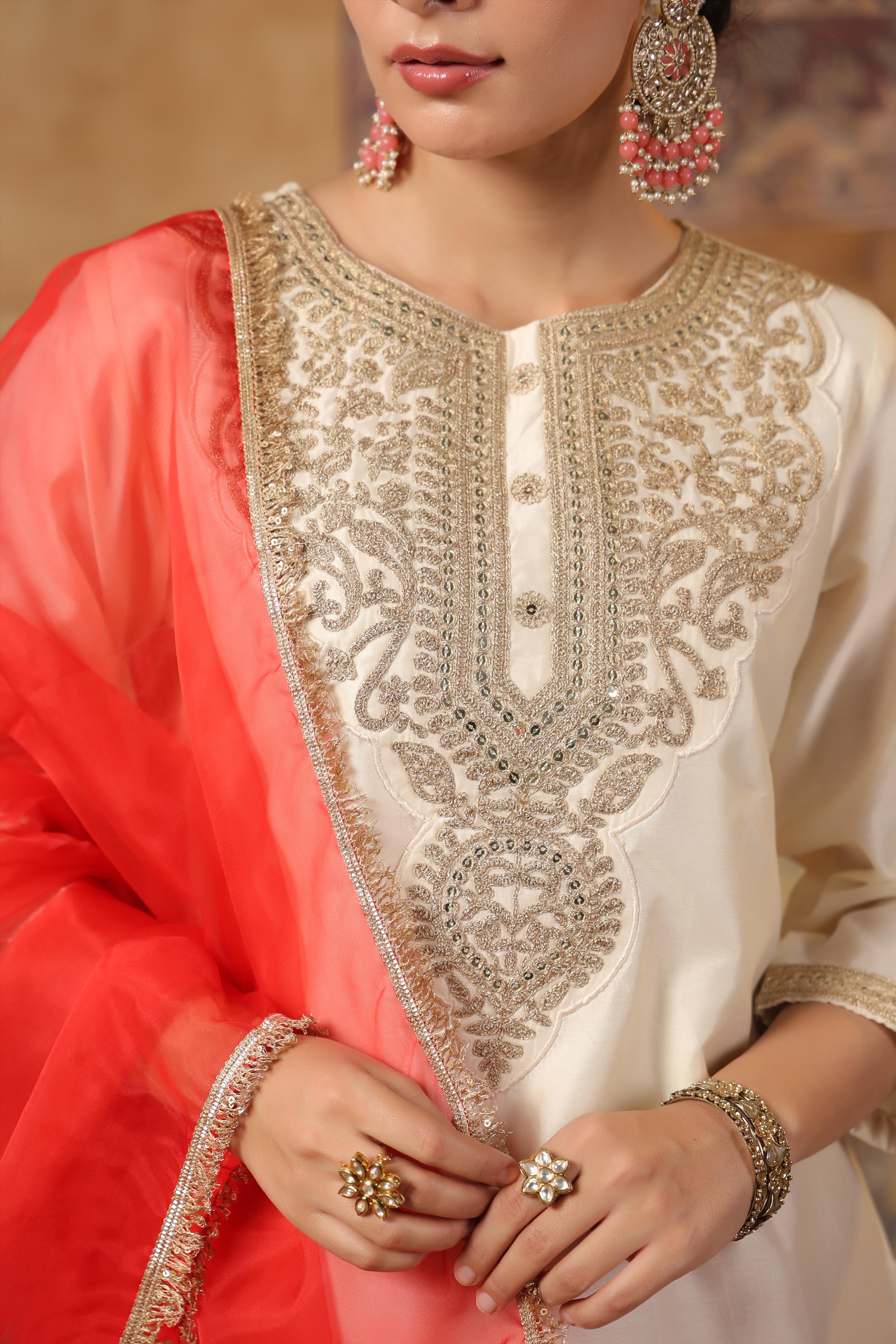 Ivory-Red Dupion Silk Embroidered Palazzo Set