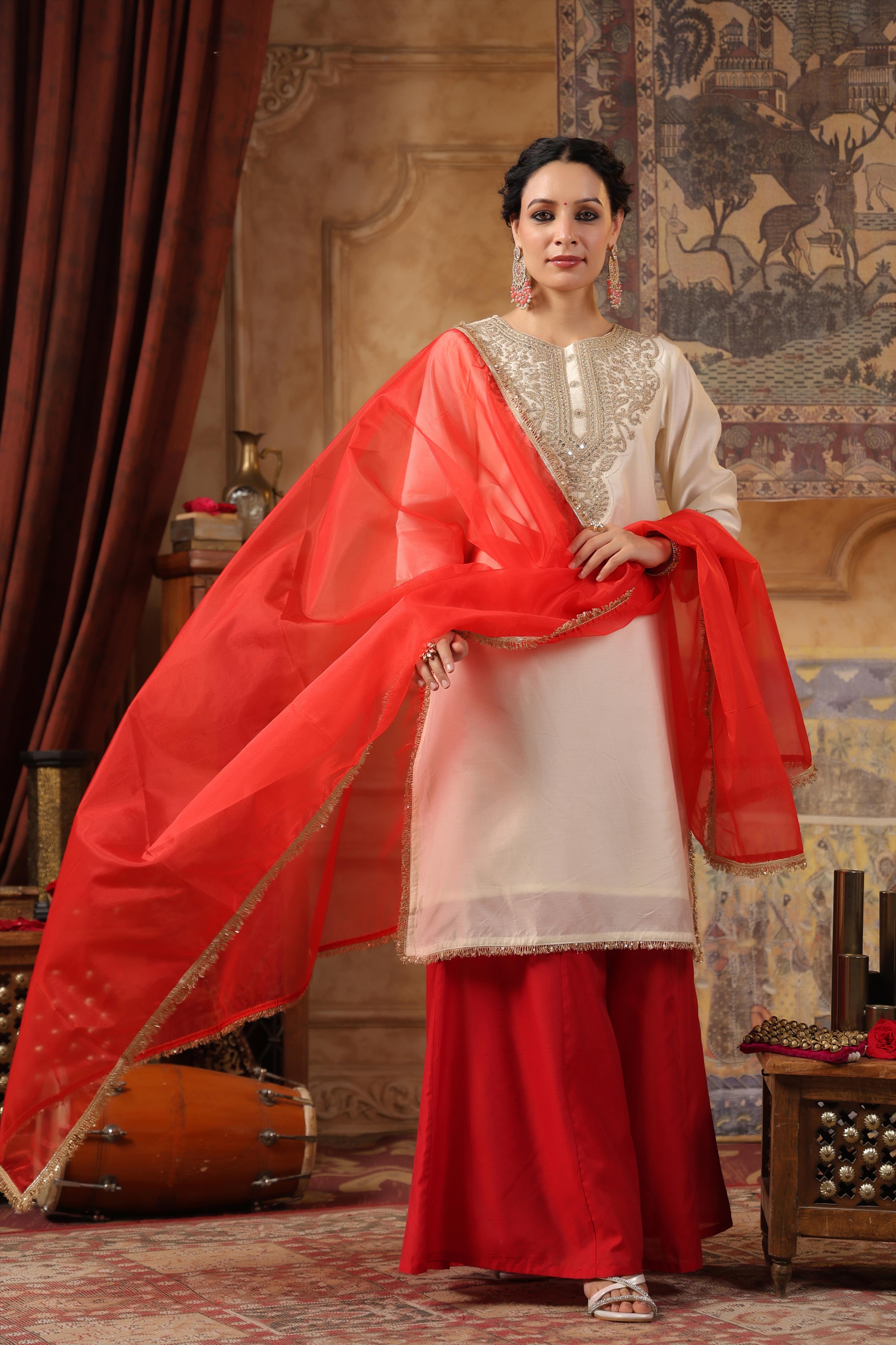 Ivory-Red Dupion Silk Embroidered Palazzo Set