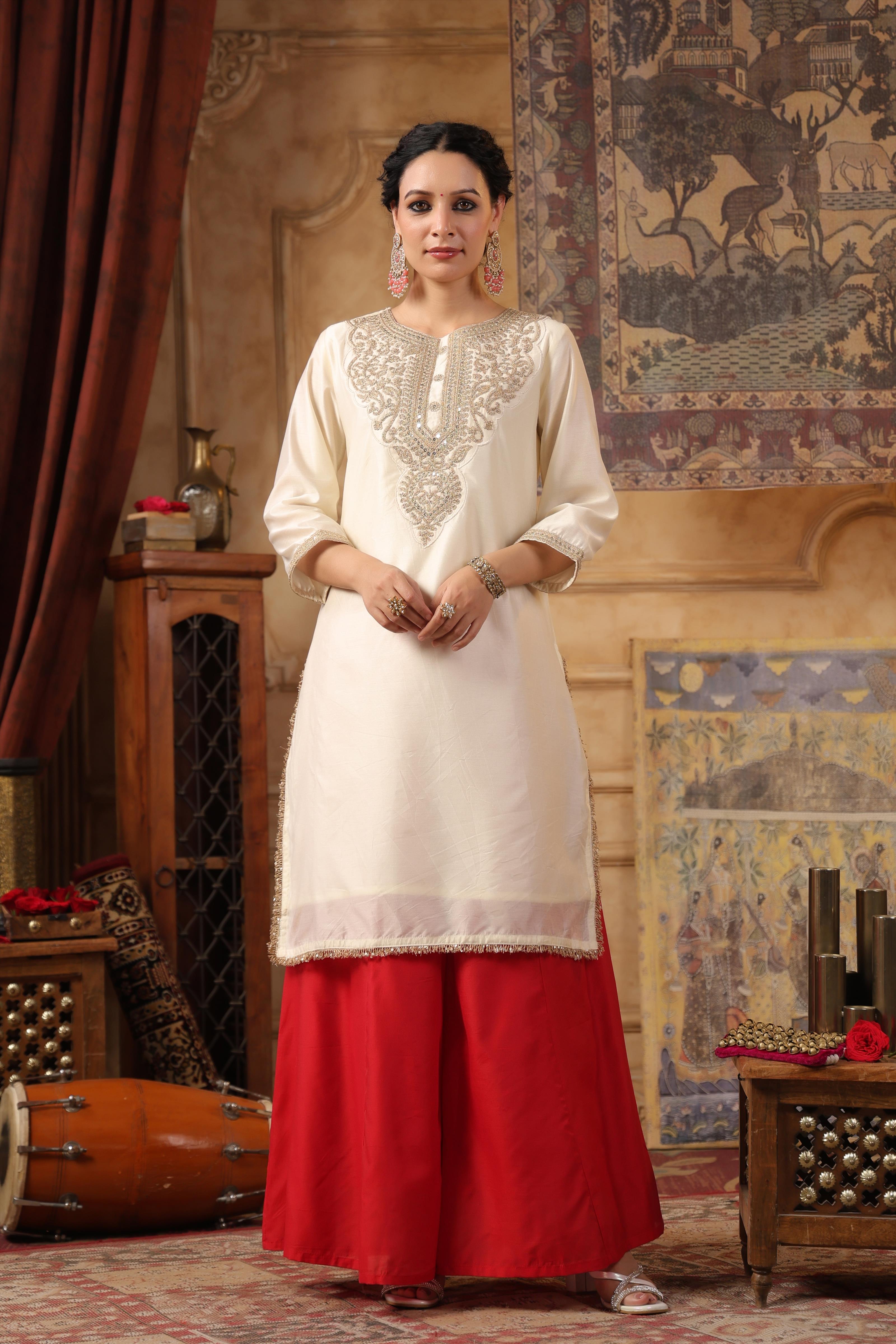 Ivory-Red Dupion Silk Embroidered Palazzo Set