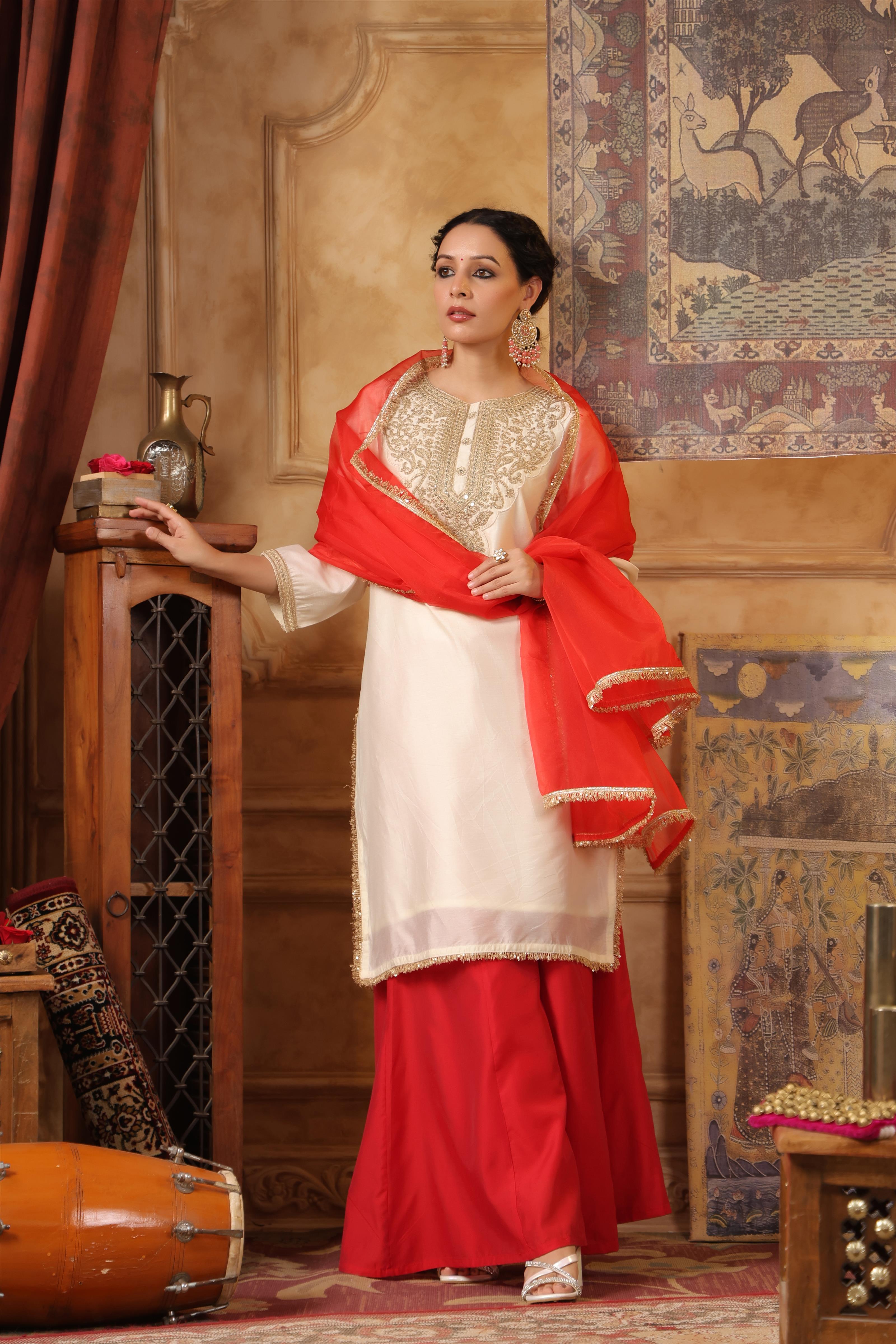 Ivory-Red Dupion Silk Embroidered Palazzo Set