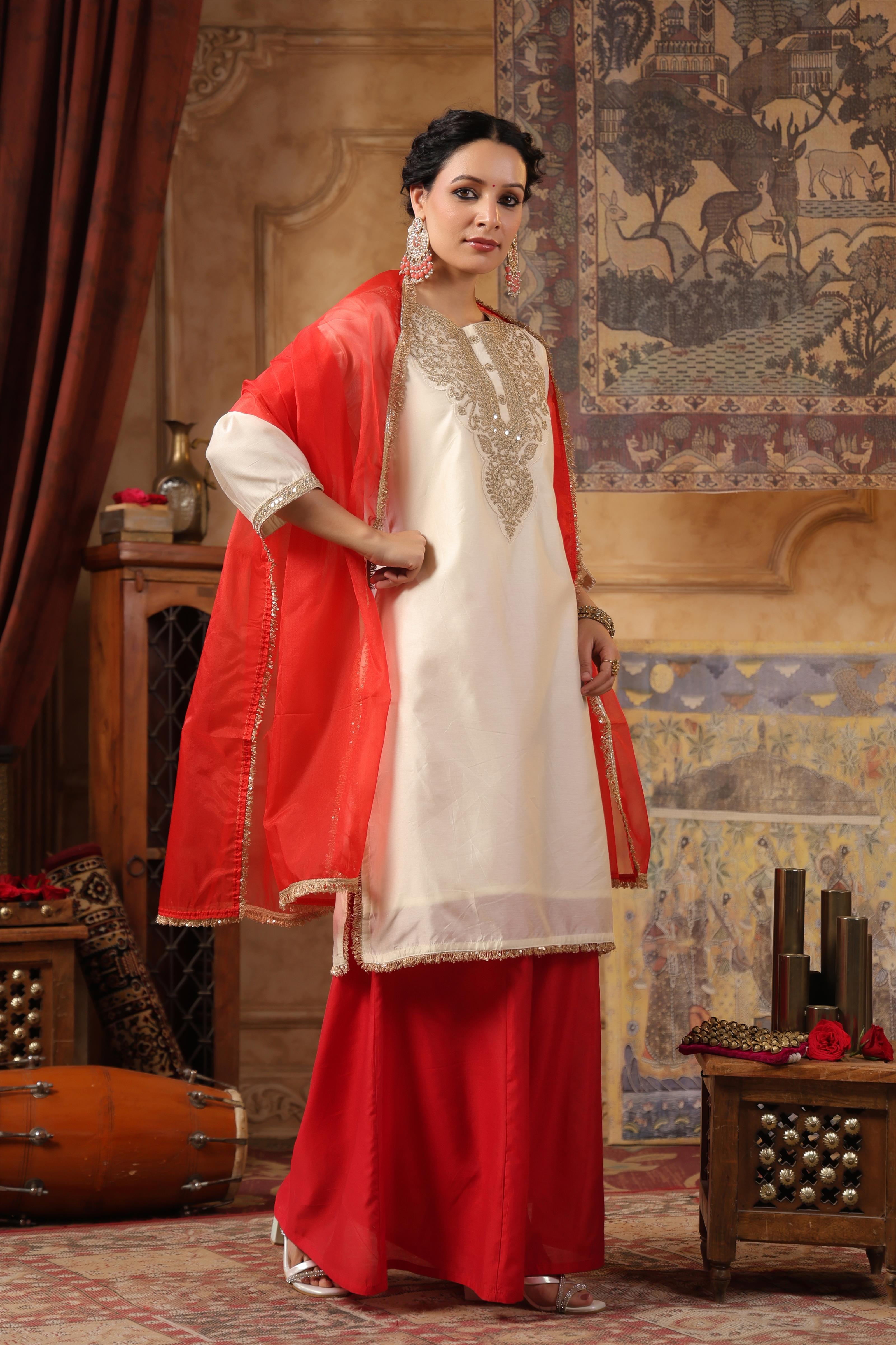 Ivory-Red Dupion Silk Embroidered Palazzo Set