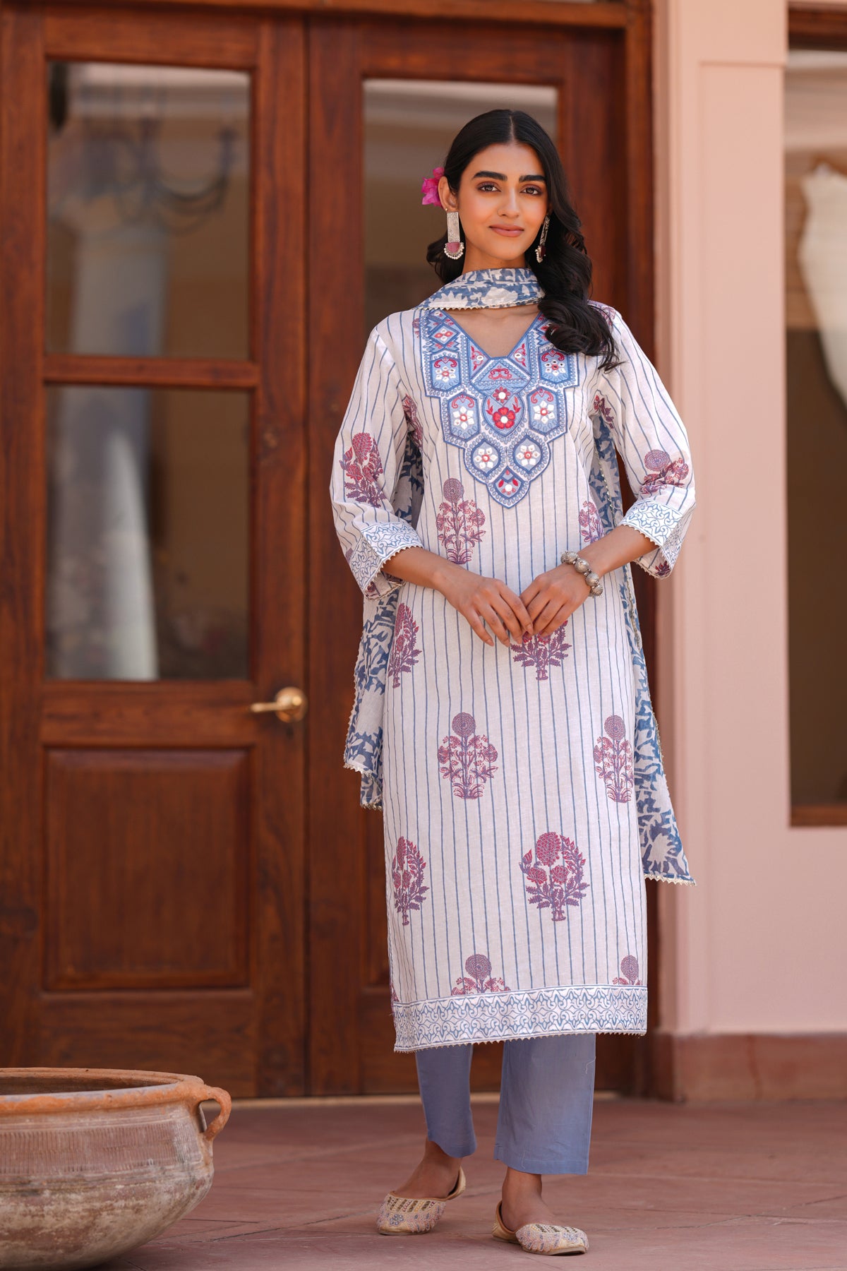 Blue Cotton Block-Printed Embroidered Straight Suit Set
