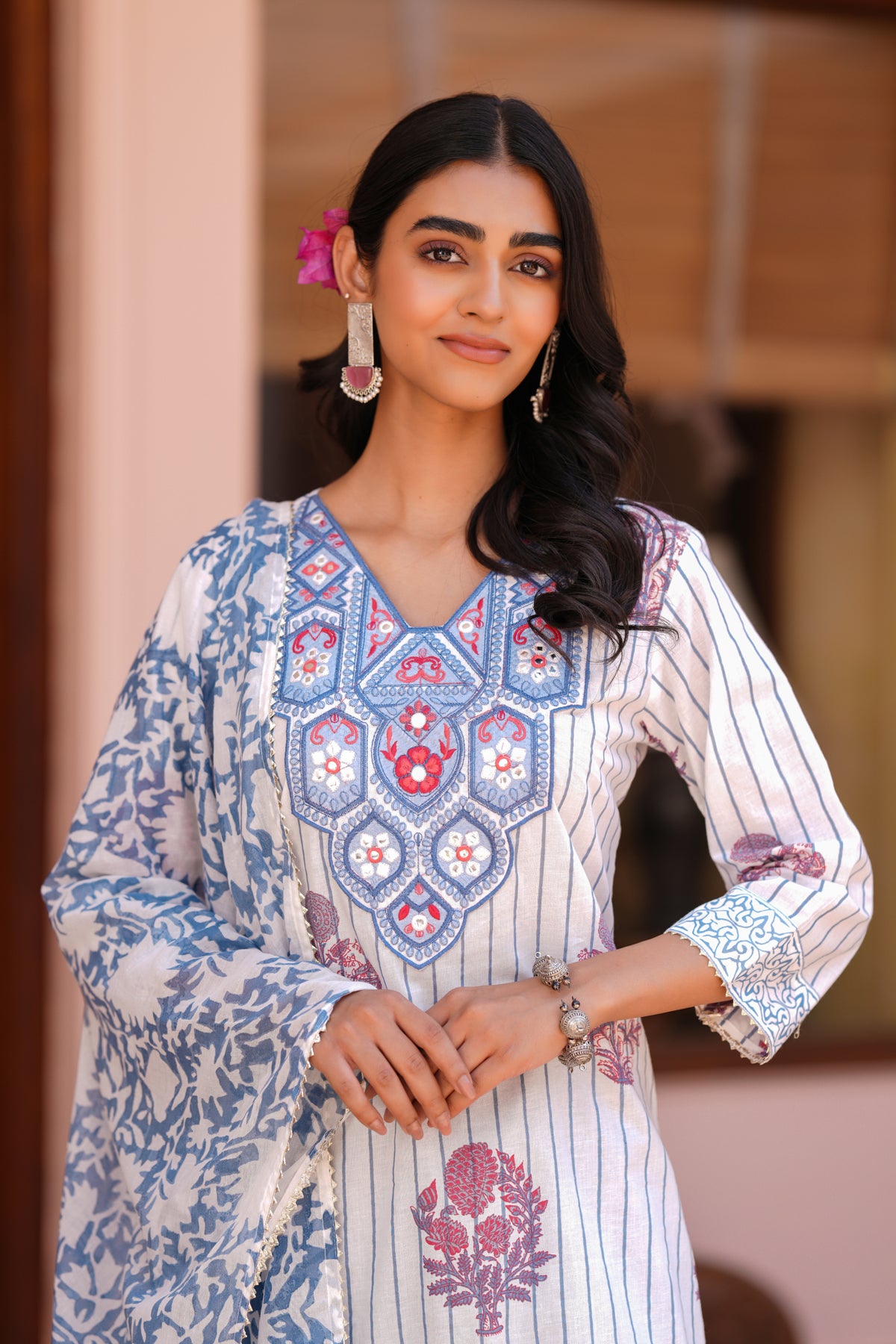 Blue Cotton Block-Printed Embroidered Straight Suit Set