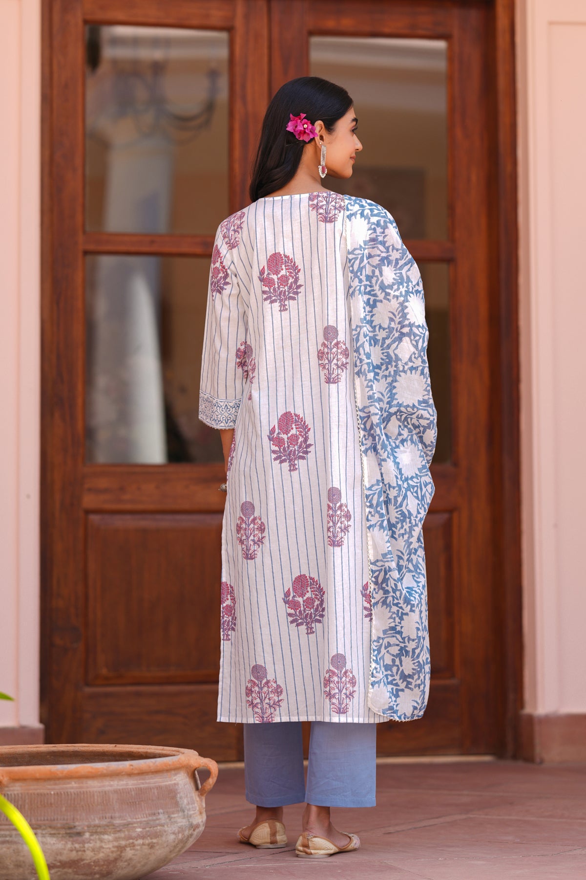 Blue Cotton Block-Printed Embroidered Straight Suit Set