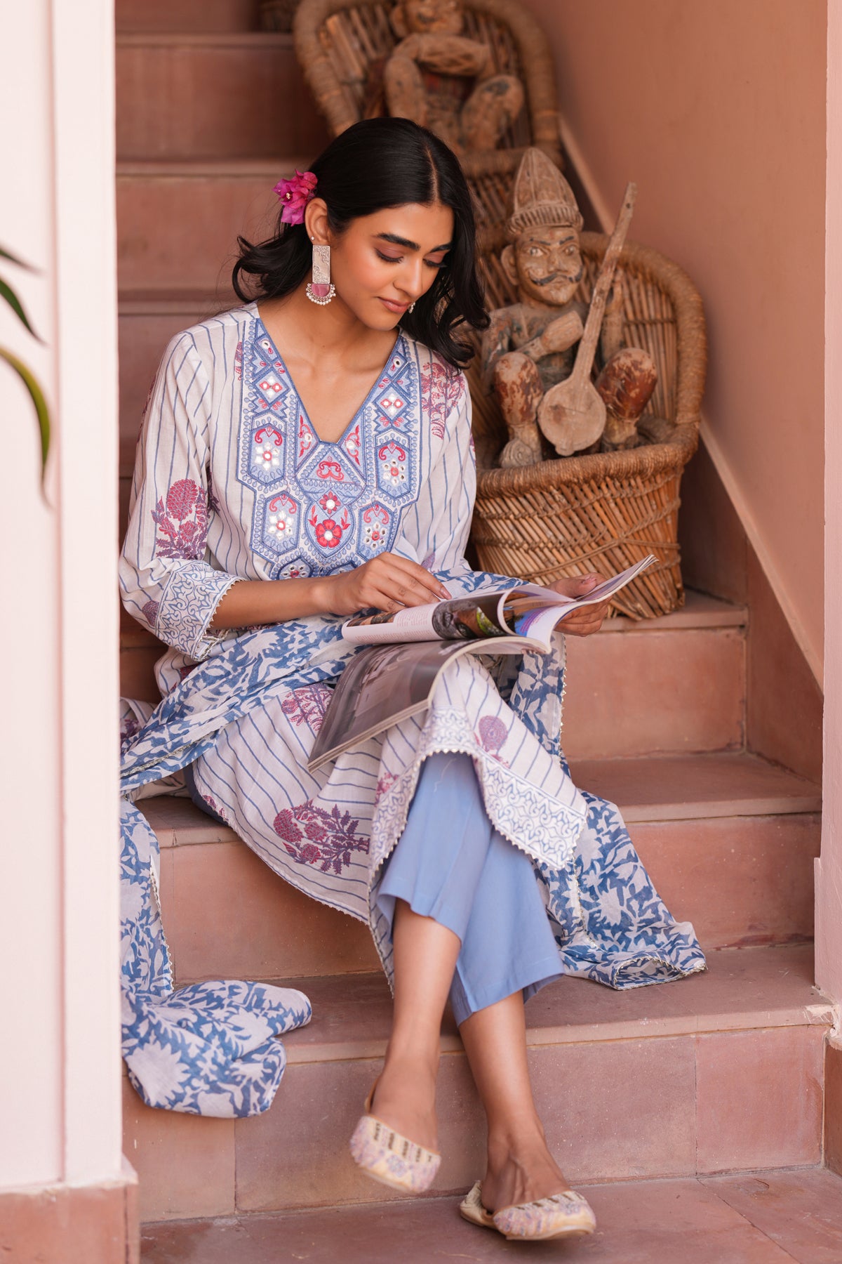 Blue Cotton Block-Printed Embroidered Straight Suit Set