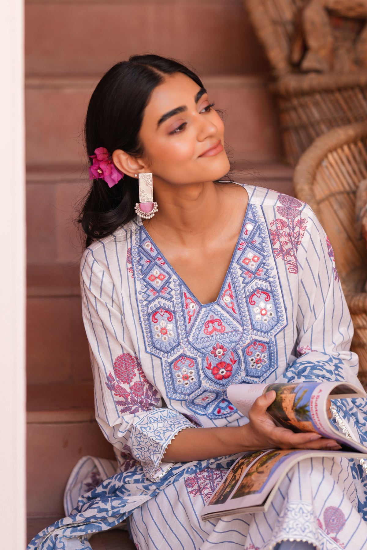 Blue Cotton Block-Printed Embroidered Straight Suit Set