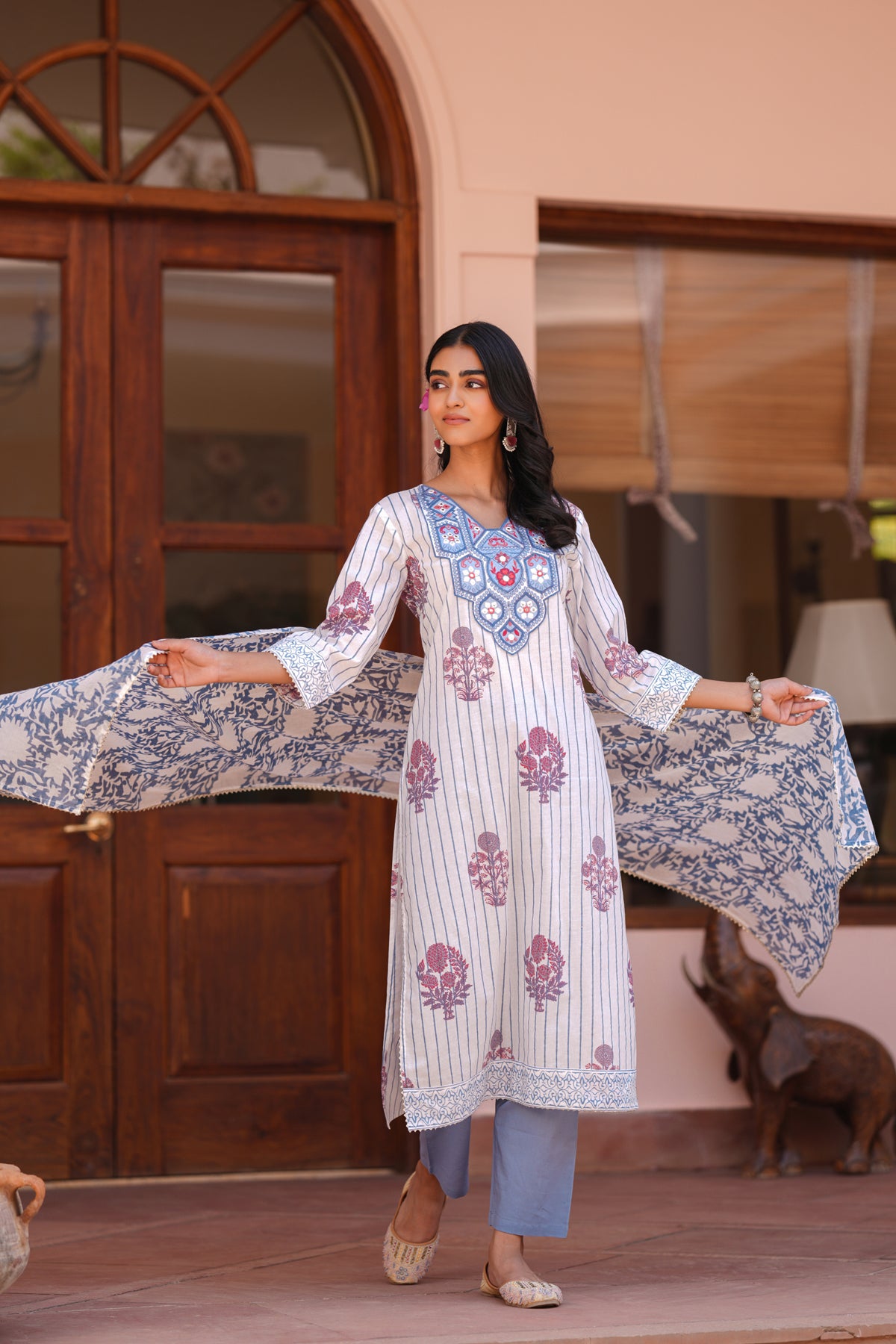 Blue Cotton Block-Printed Embroidered Straight Suit Set
