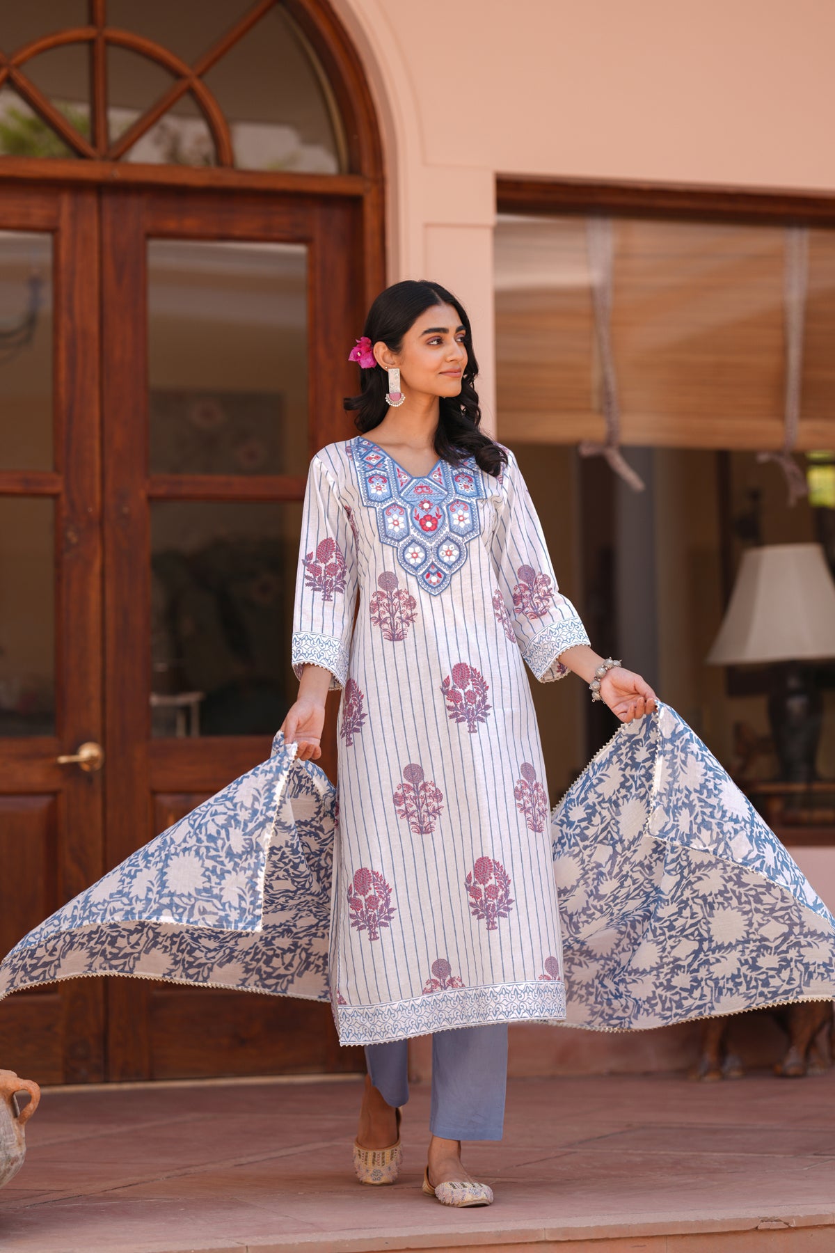 Blue Cotton Block-Printed Embroidered Straight Suit Set
