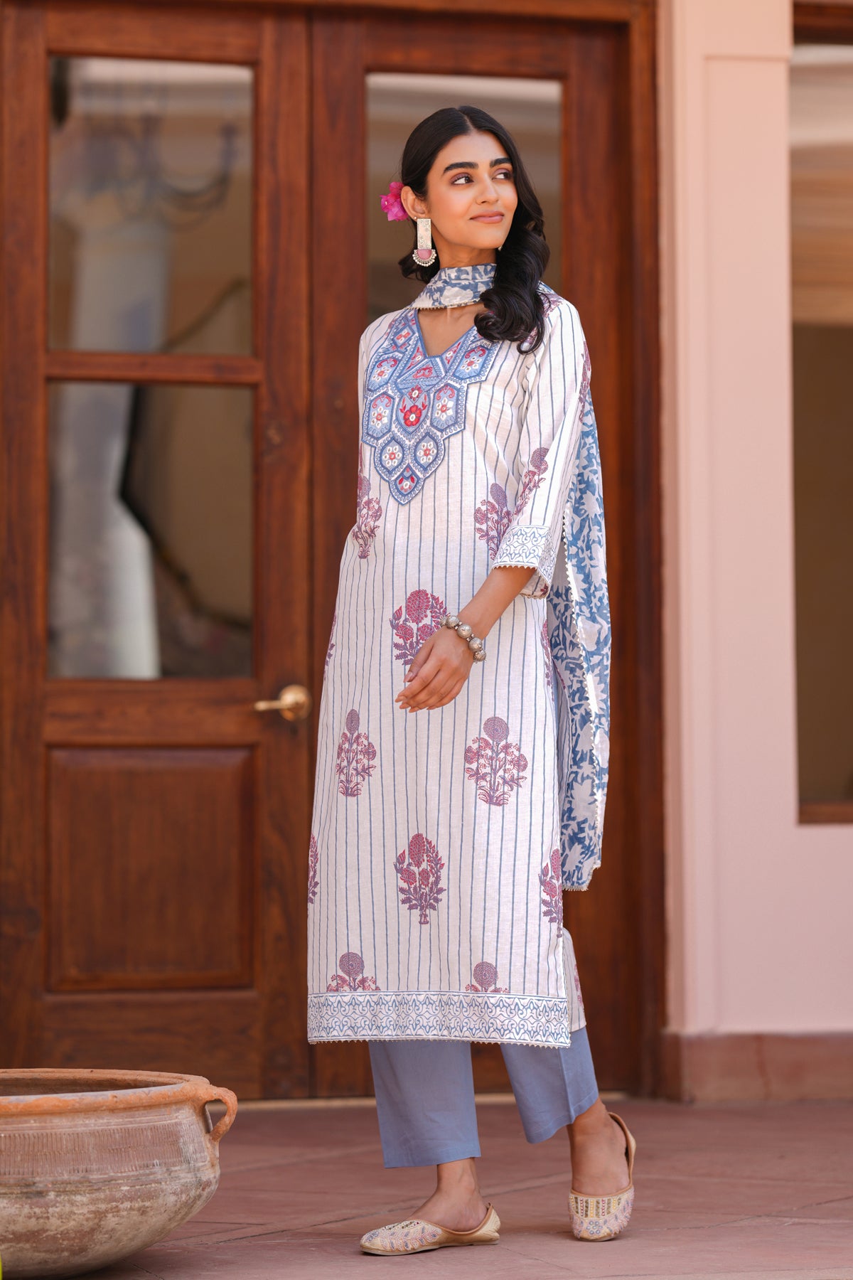 Blue Cotton Block-Printed Embroidered Straight Suit Set