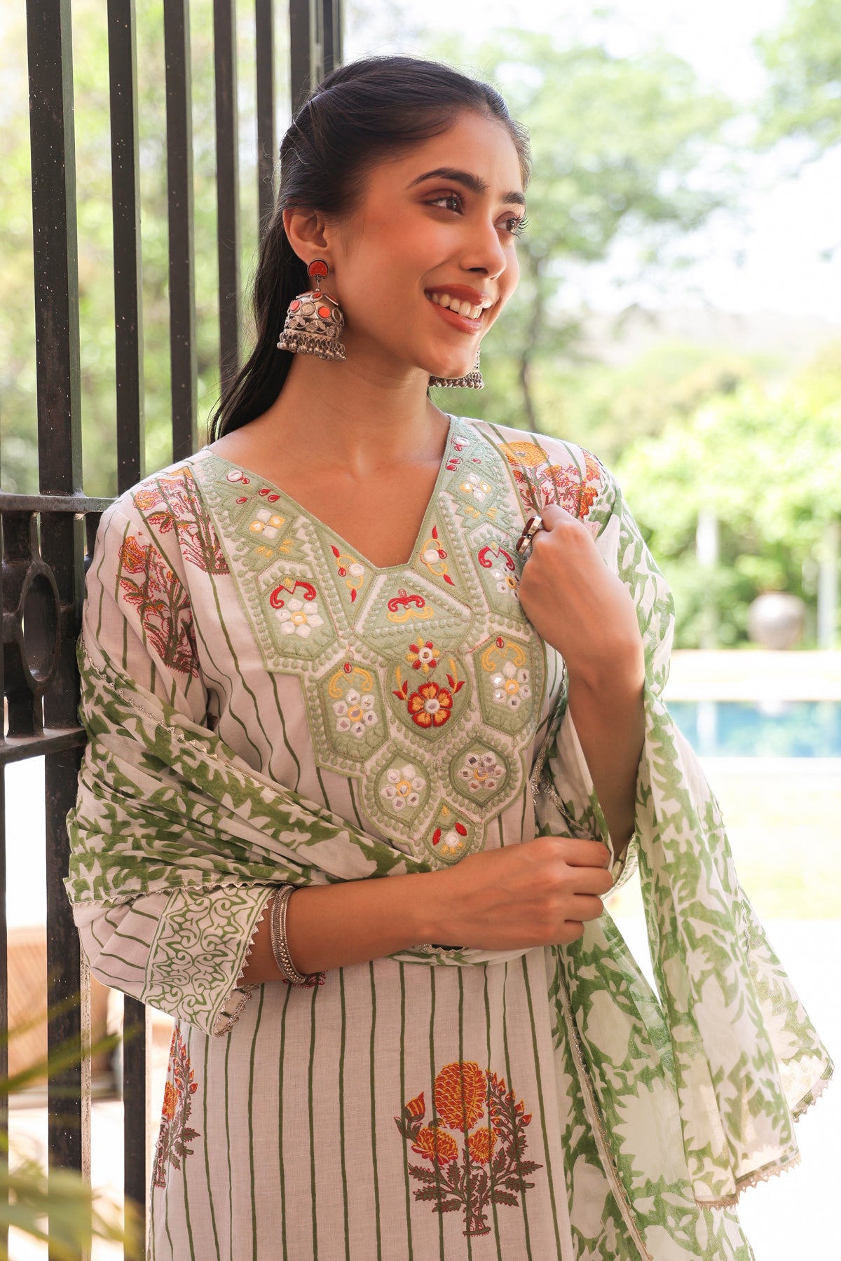 Green Cotton Block-Printed Embroidered Straight Suit Set