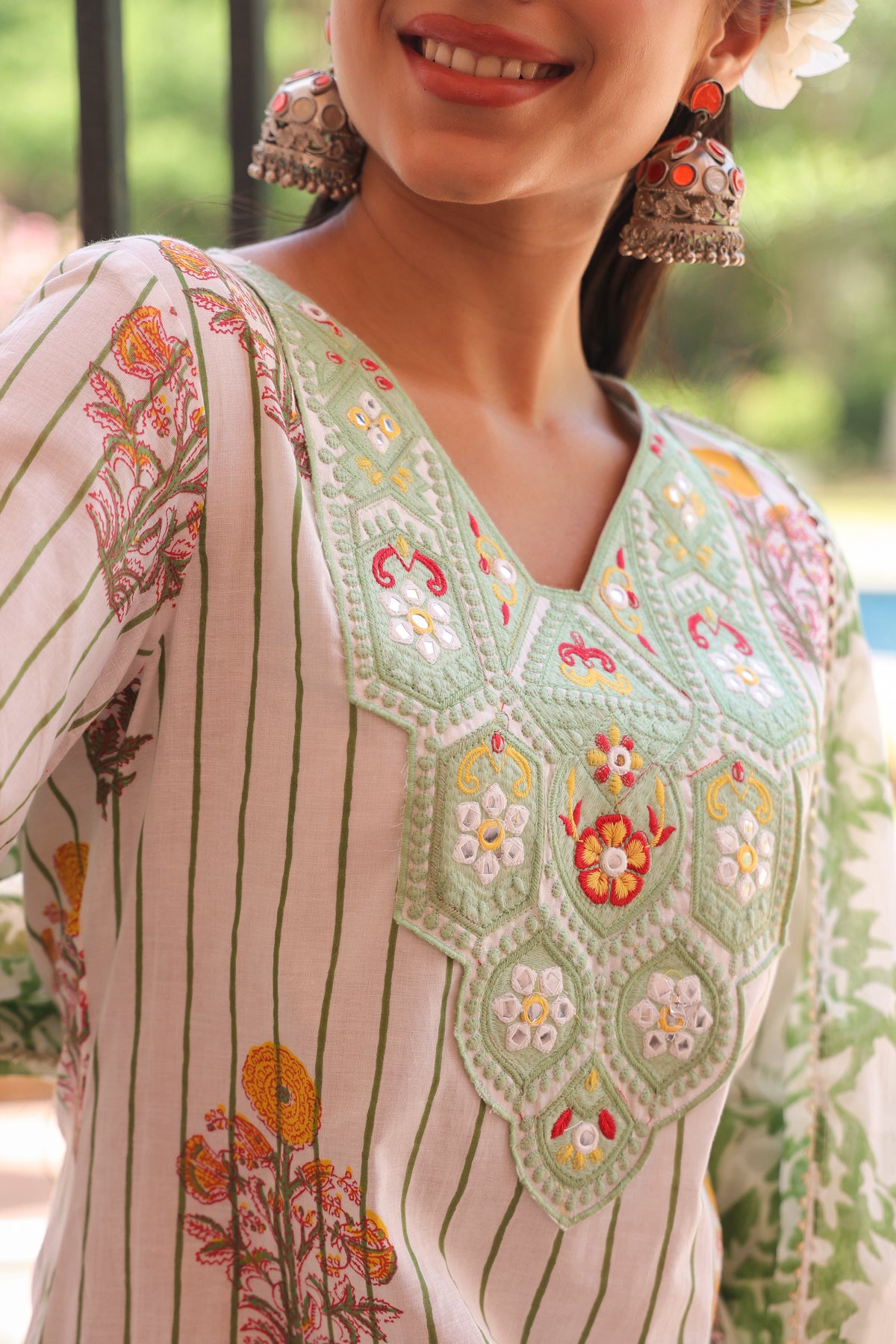 Green Cotton Block-Printed Embroidered Straight Suit Set