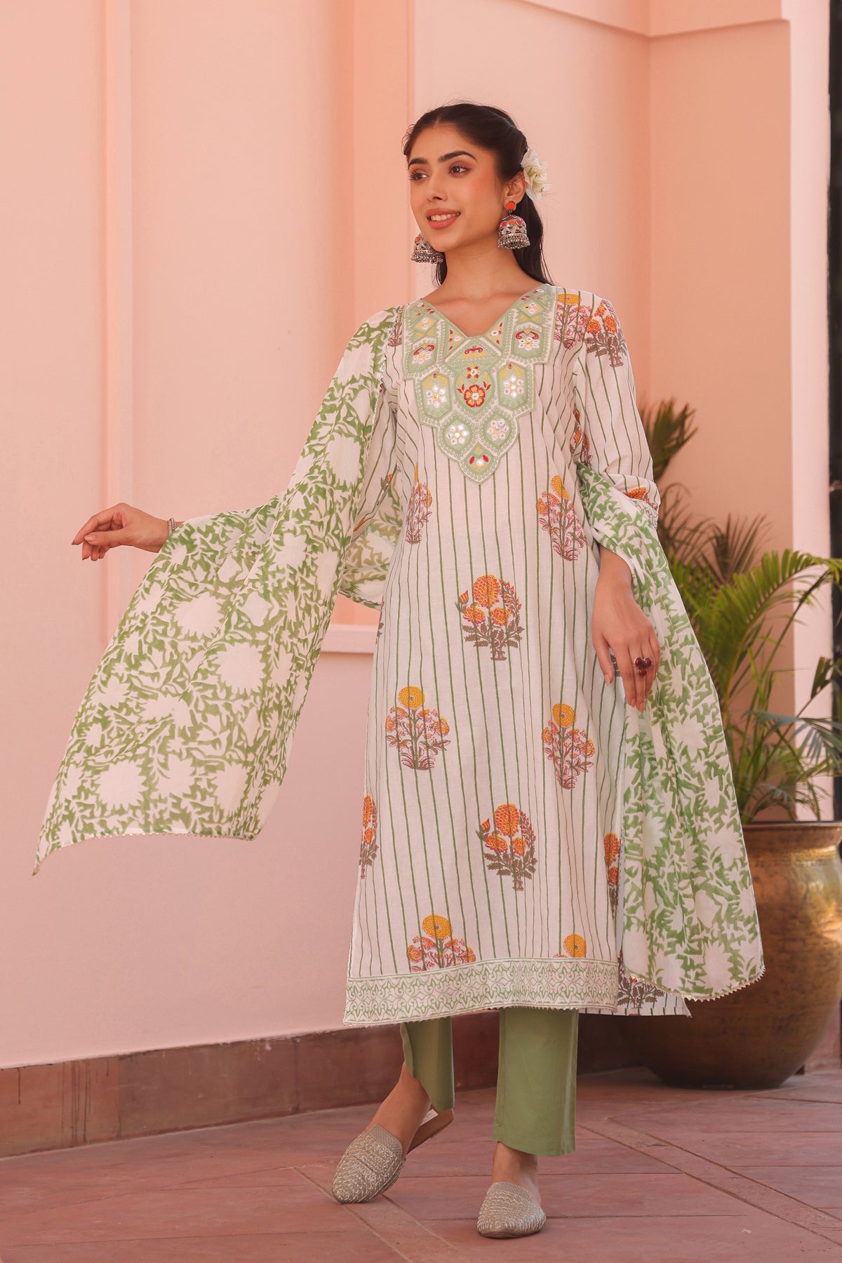 Green Cotton Block-Printed Embroidered Straight Suit Set