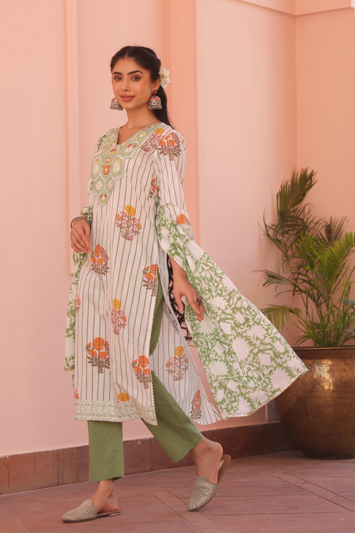 Green Cotton Block-Printed Embroidered Straight Suit Set