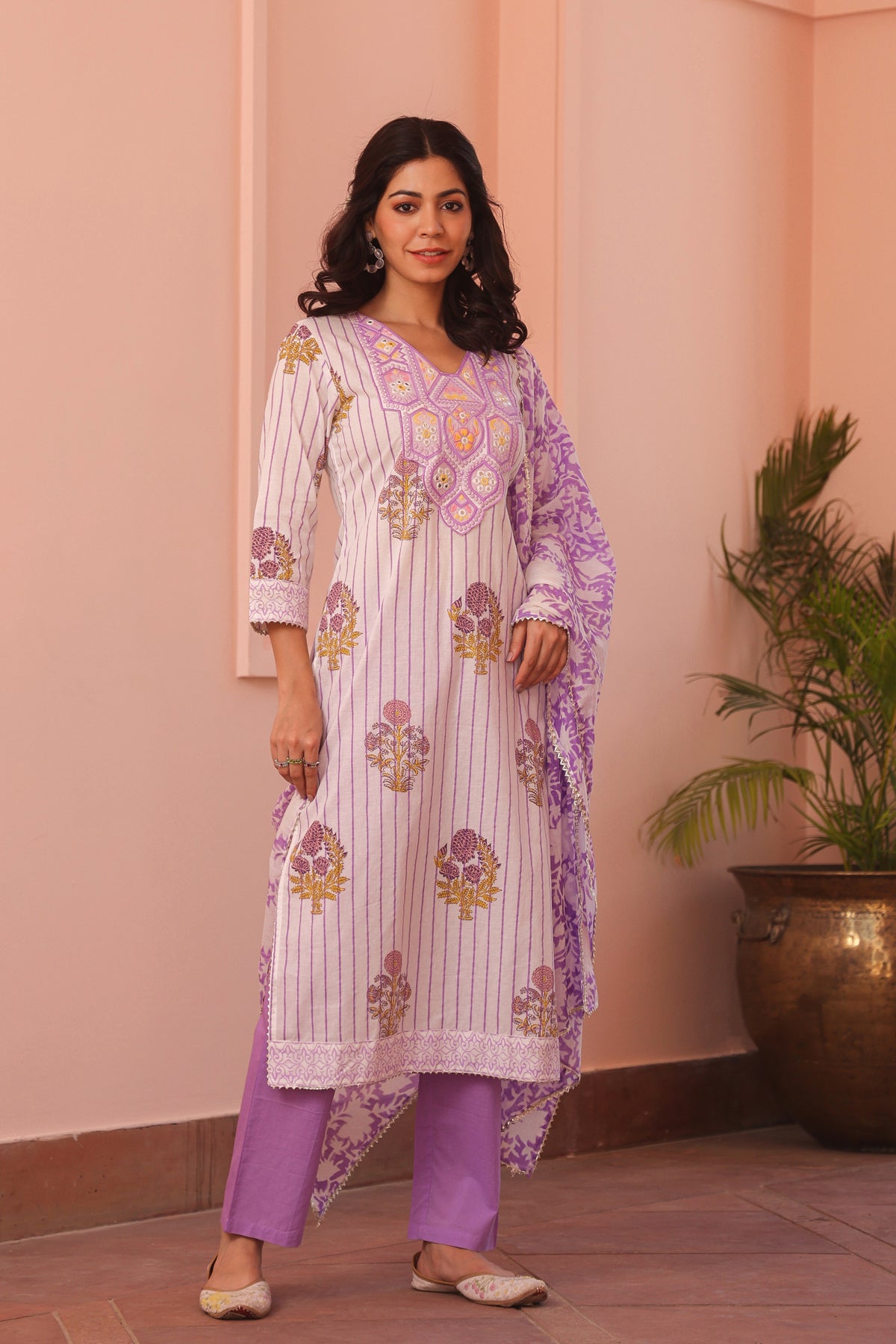 Lavender Cotton Block-Printed Embroidered Straight Suit Set
