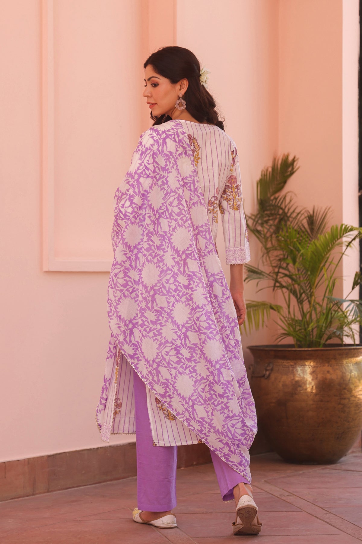 Lavender Cotton Block-Printed Embroidered Straight Suit Set