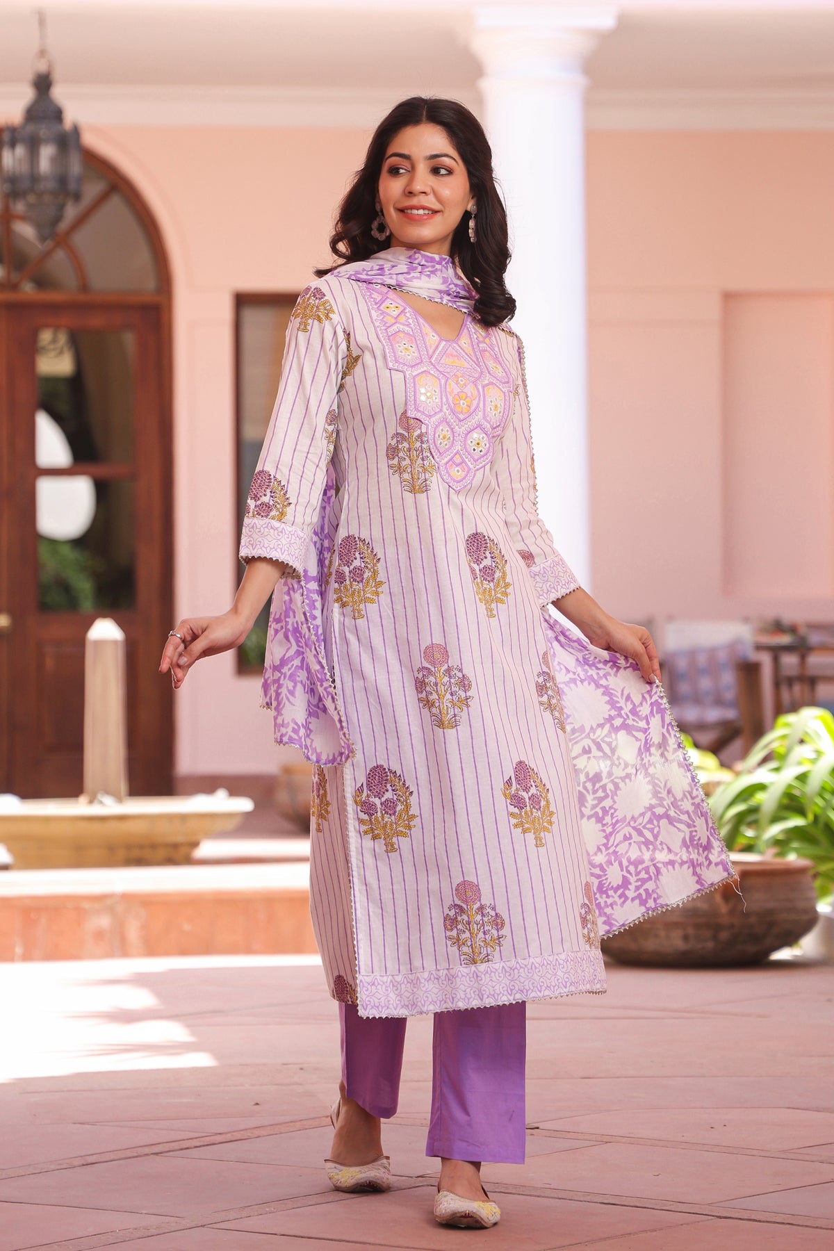 Lavender Cotton Block-Printed Embroidered Straight Suit Set