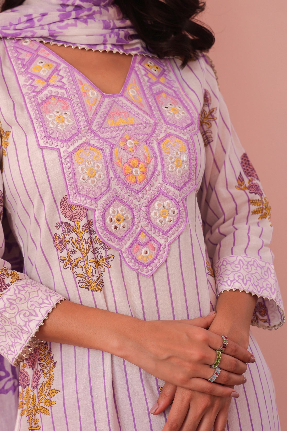 Lavender Cotton Block-Printed Embroidered Straight Suit Set