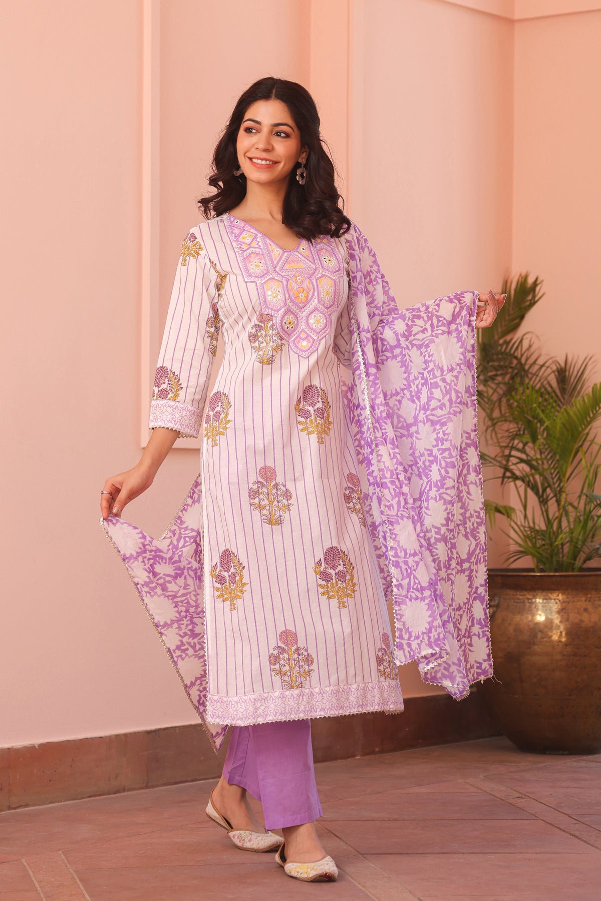 Lavender Cotton Block-Printed Embroidered Straight Suit Set