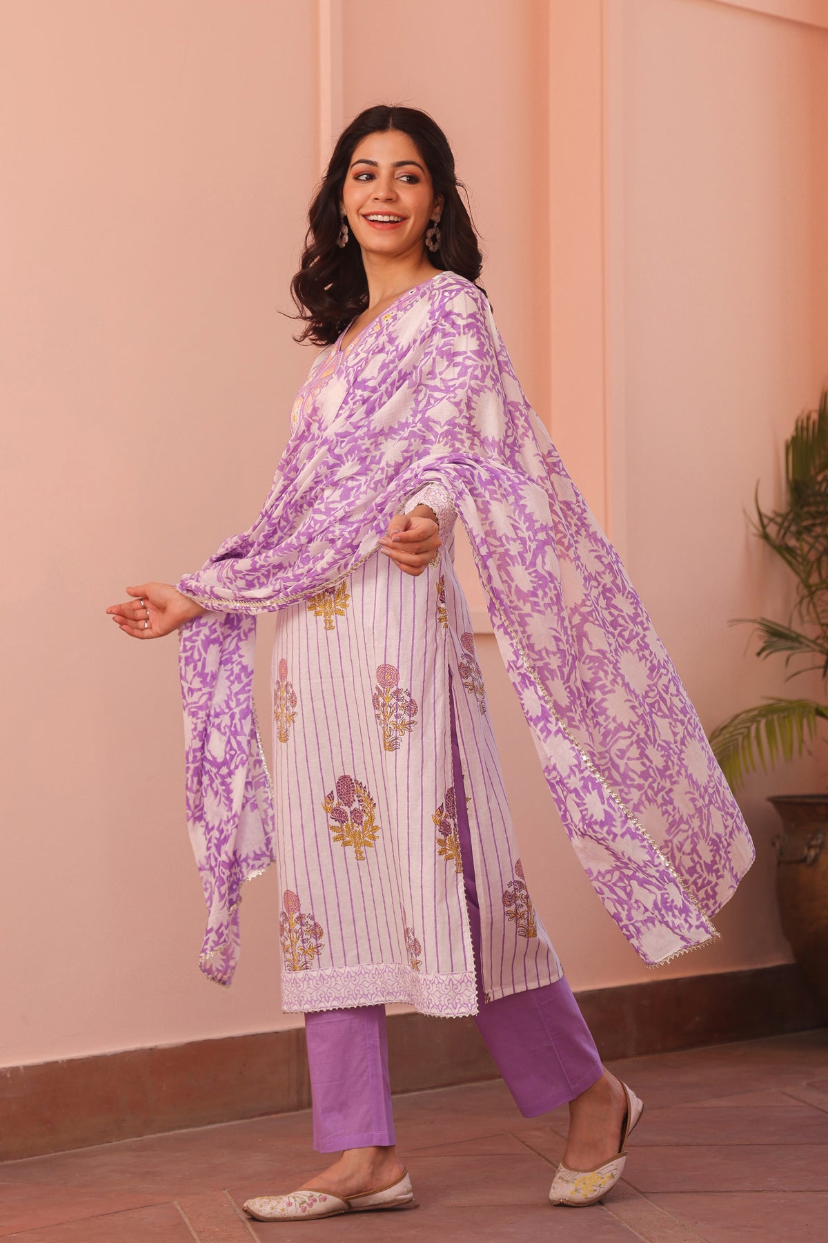 Lavender Cotton Block-Printed Embroidered Straight Suit Set