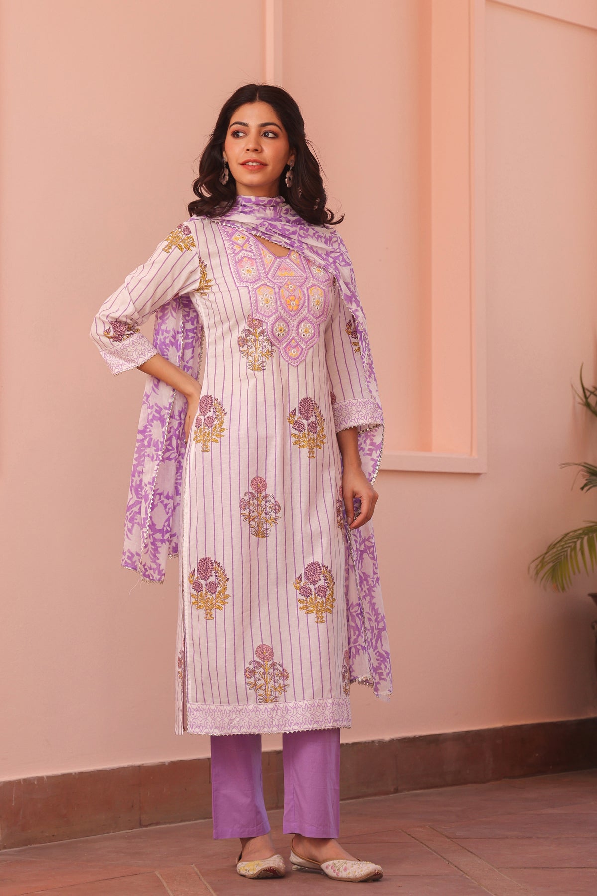 Lavender Cotton Block-Printed Embroidered Straight Suit Set