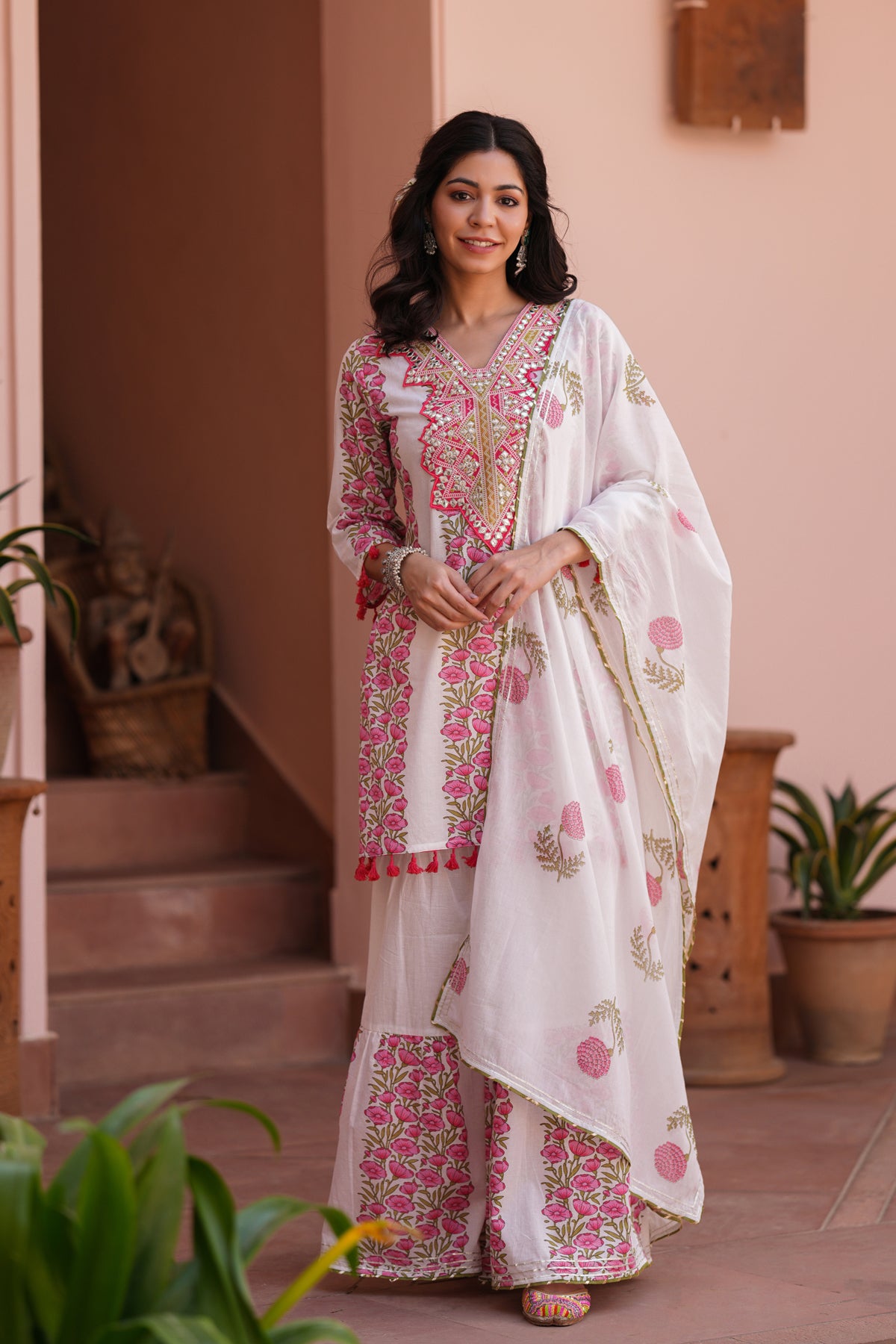 Coral Cotton Block-Printed Embroidered Sharara Set
