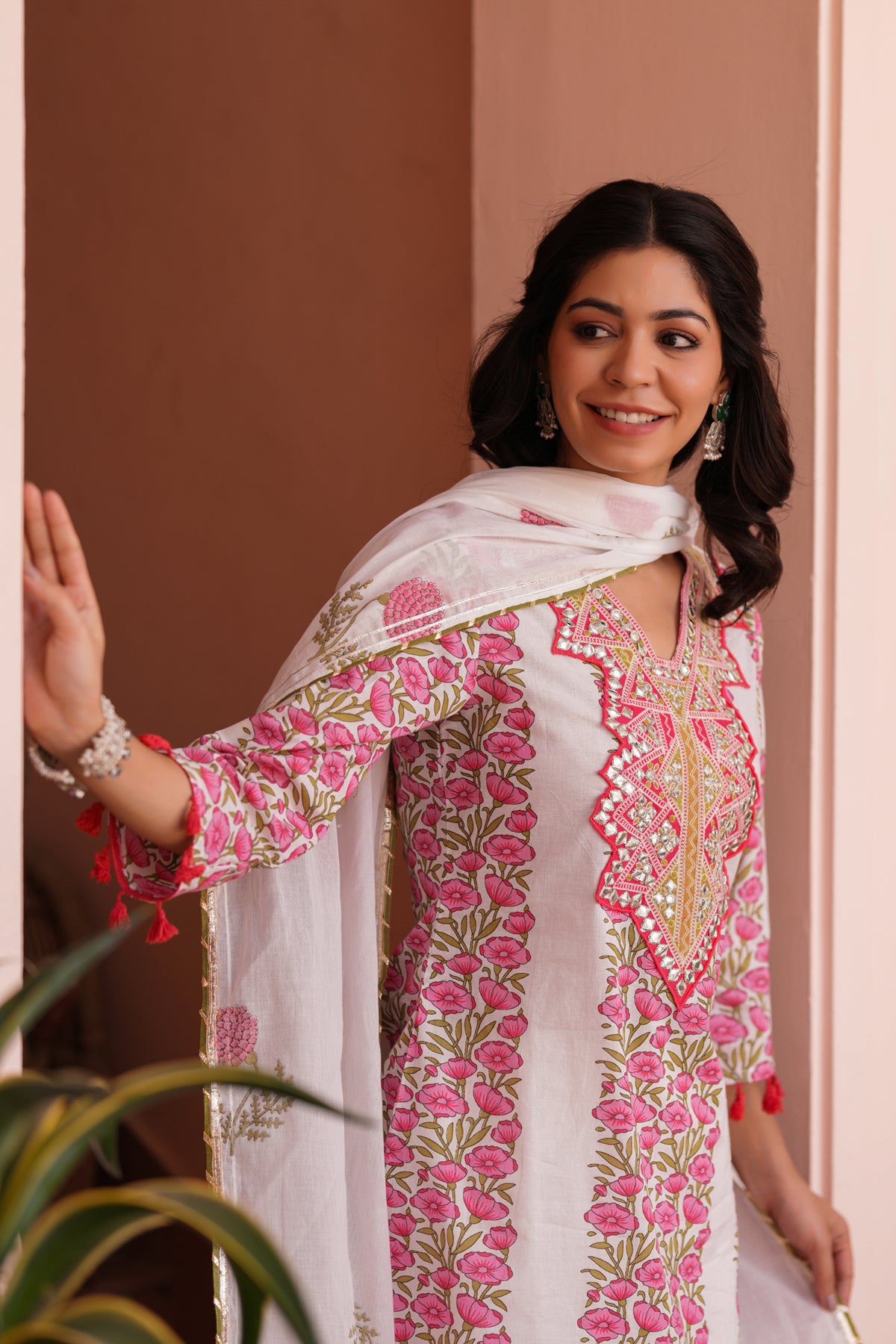 Coral Cotton Block-Printed Embroidered Sharara Set