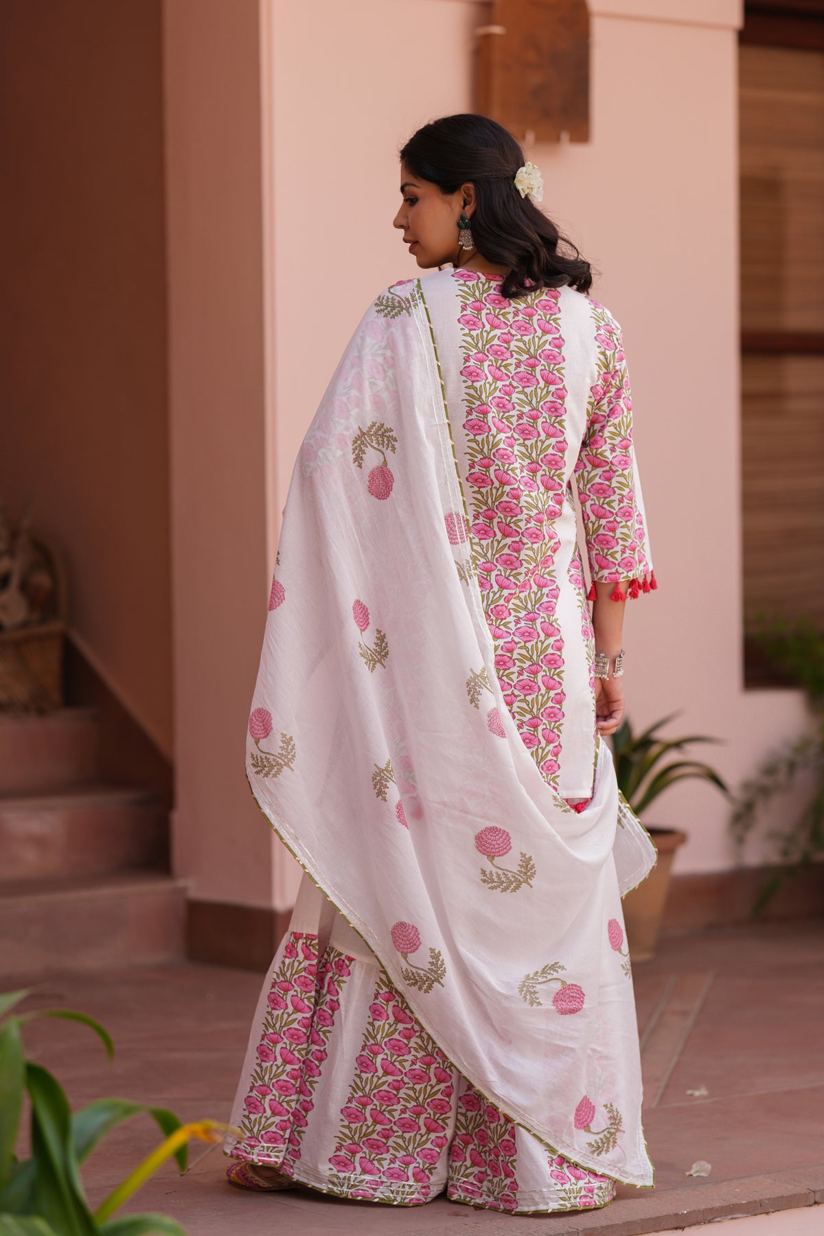 Coral Cotton Block-Printed Embroidered Sharara Set