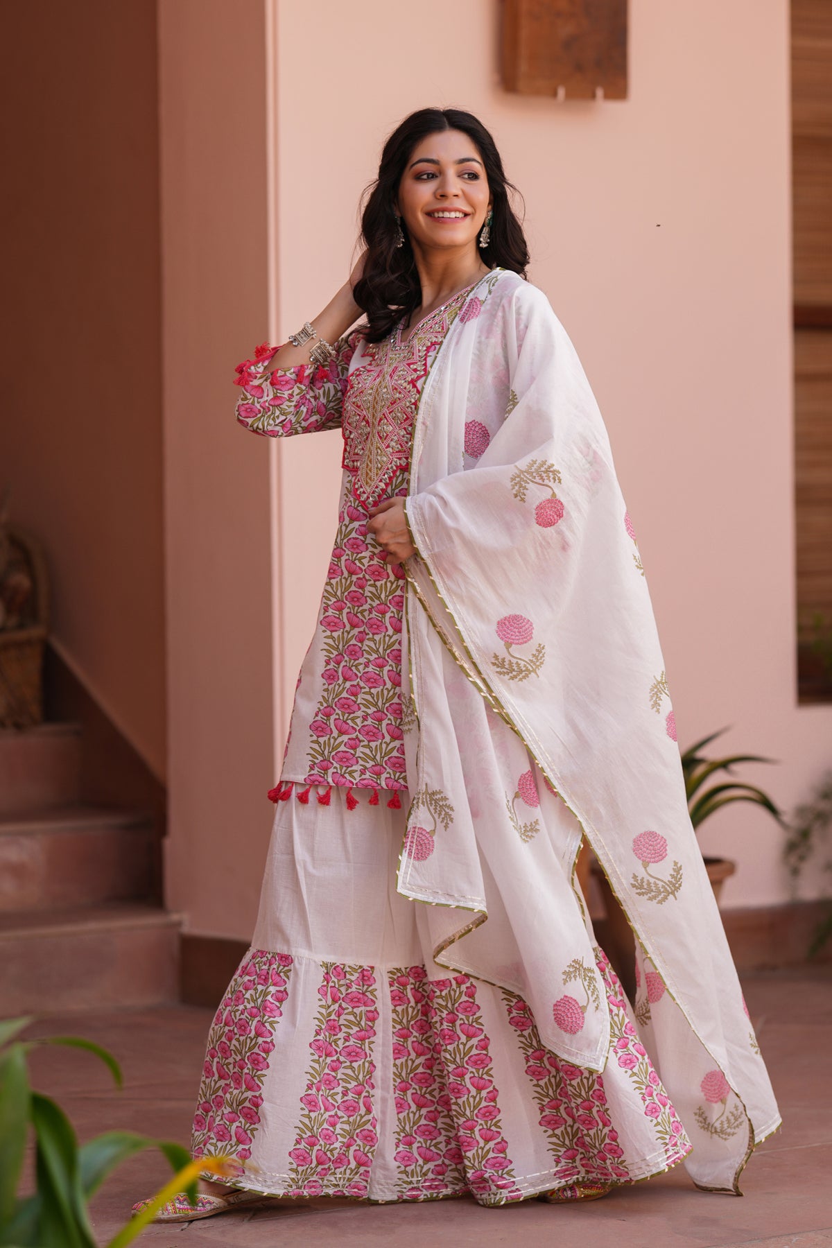 Coral Cotton Block-Printed Embroidered Sharara Set