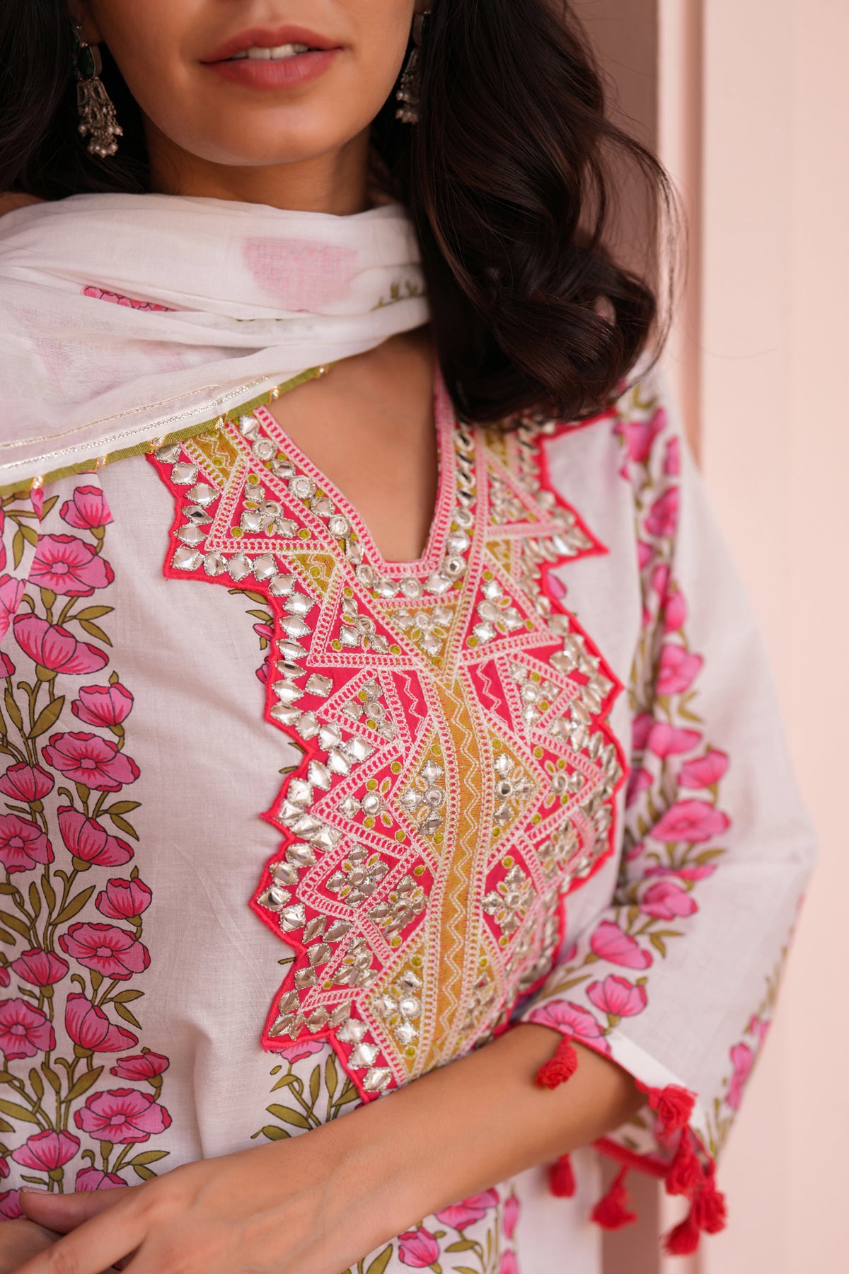 Coral Cotton Block-Printed Embroidered Sharara Set