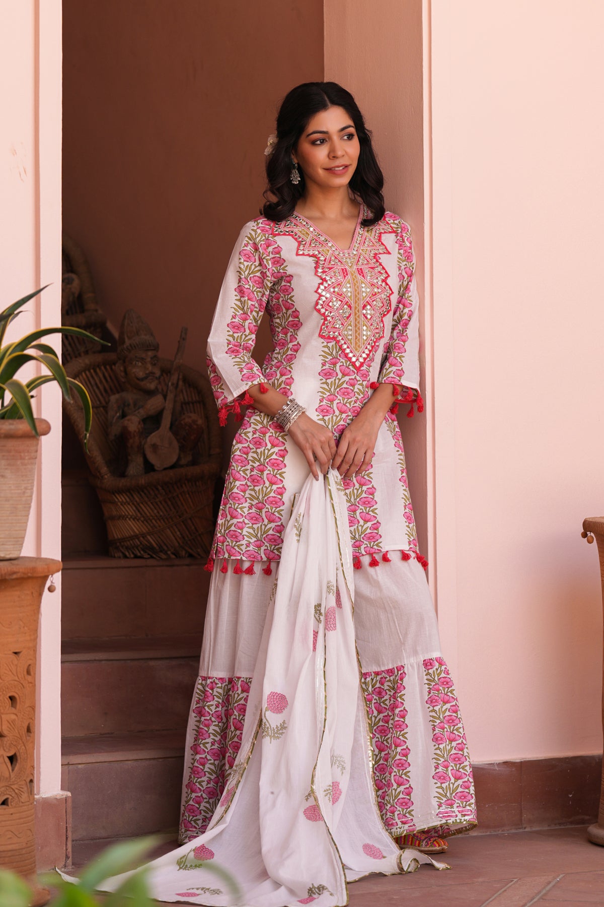 Coral Cotton Block-Printed Embroidered Sharara Set