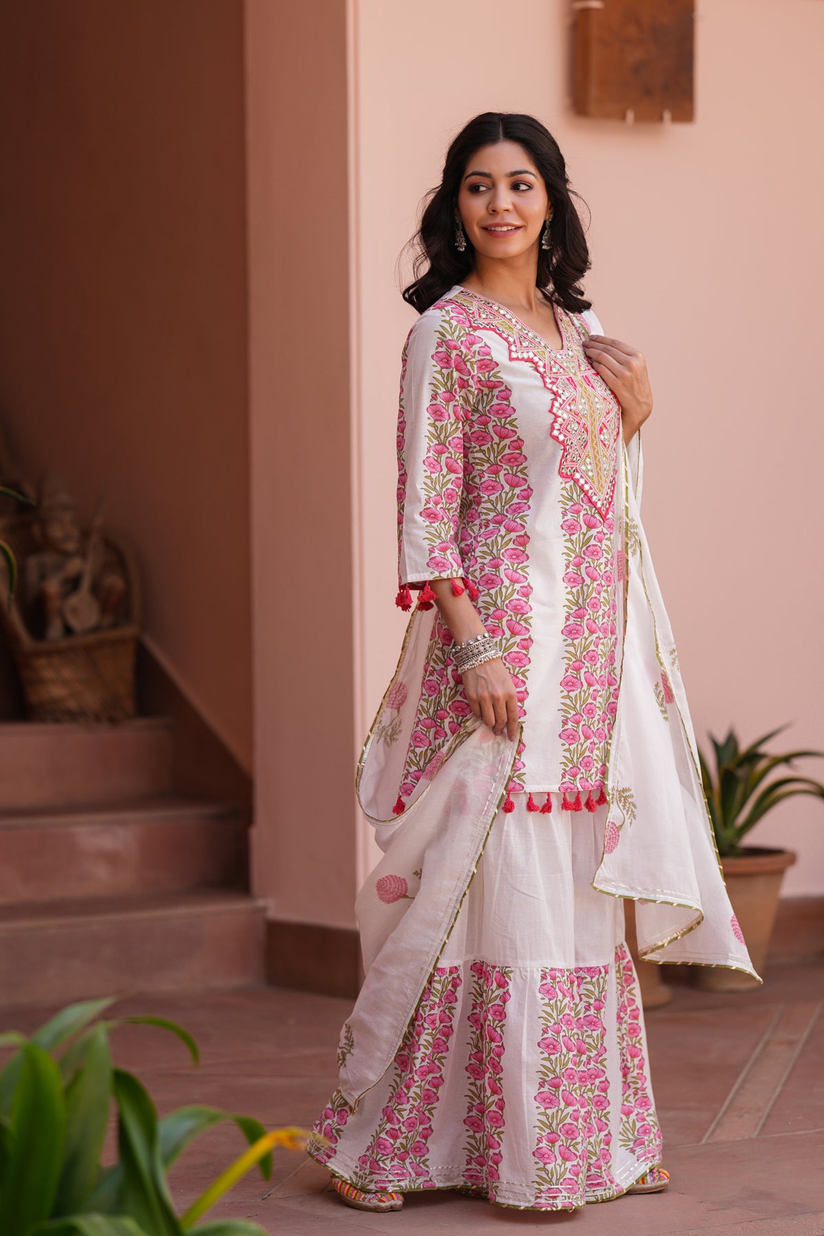 Coral Cotton Block-Printed Embroidered Sharara Set