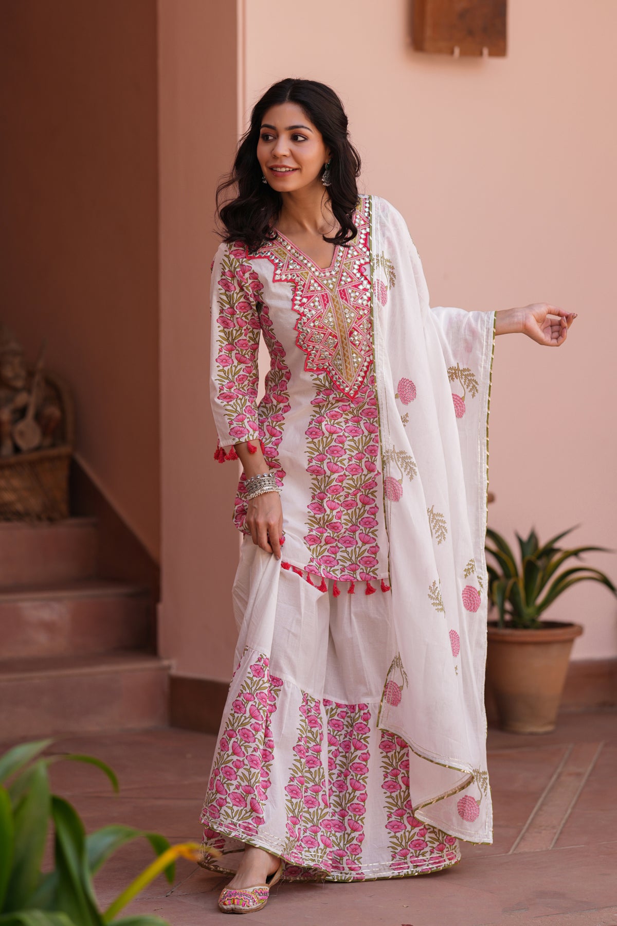 Coral Cotton Block-Printed Embroidered Sharara Set