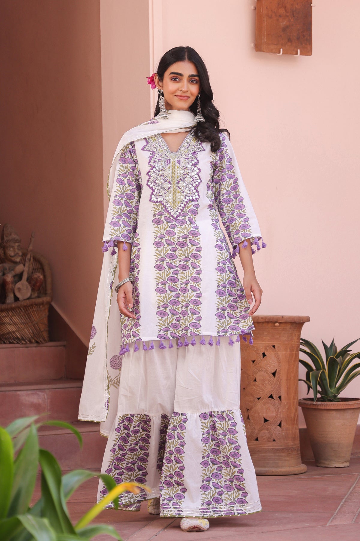 Purple Cotton Block-Printed Embroidered Sharara Set