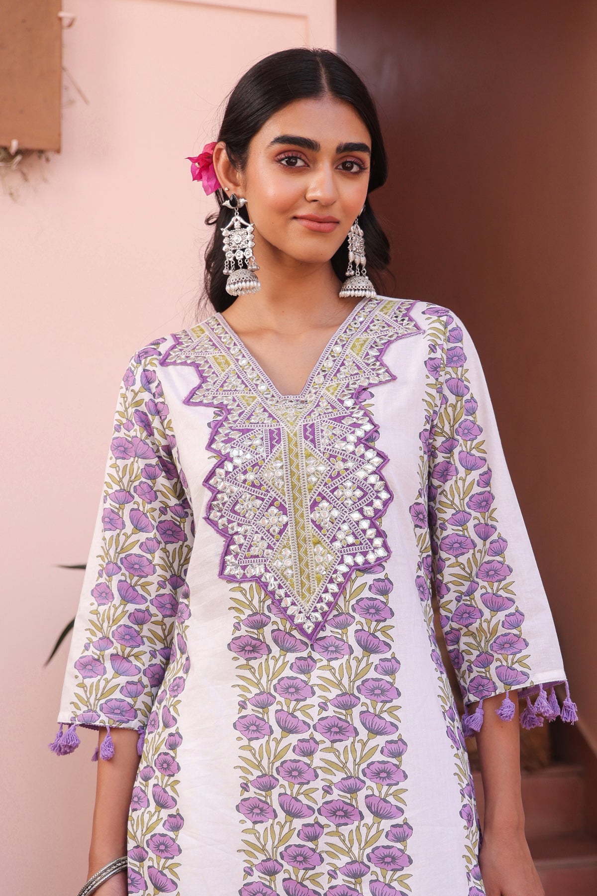 Purple Cotton Block-Printed Embroidered Sharara Set