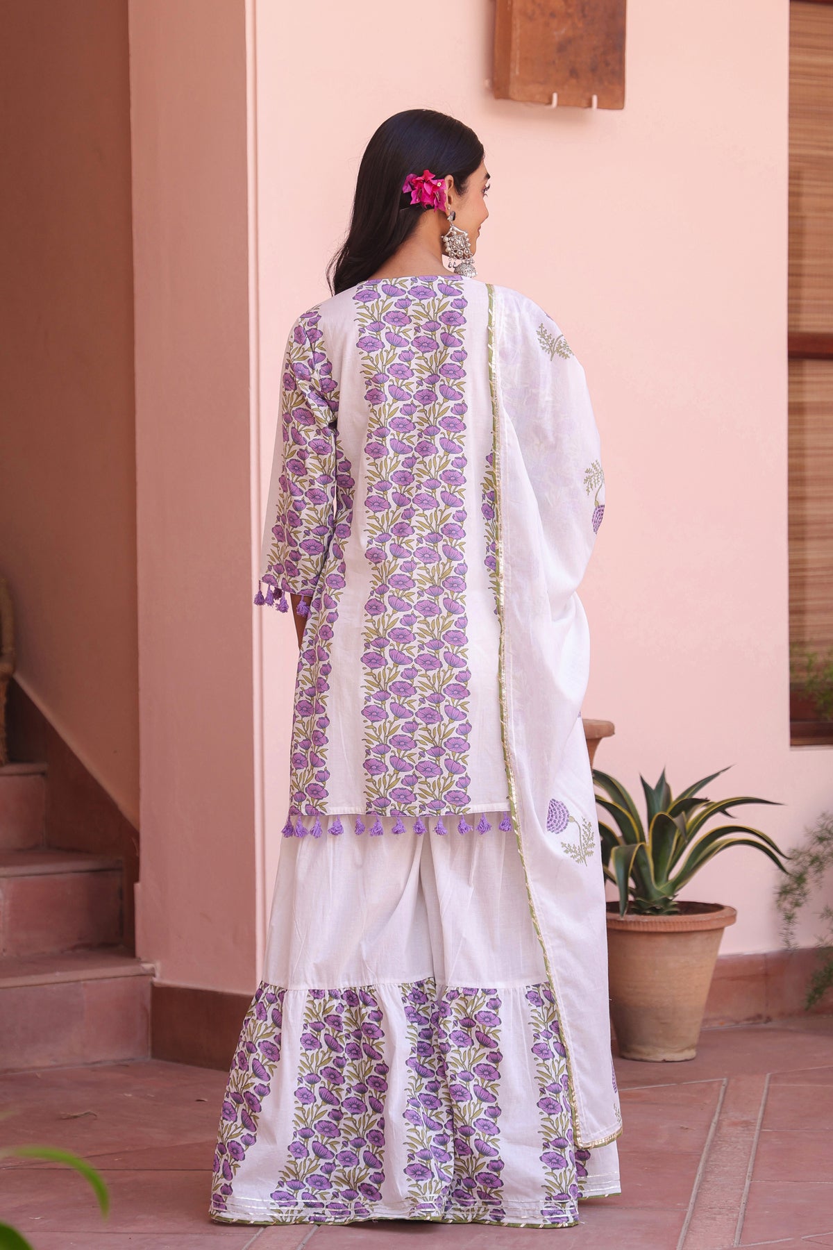 Purple Cotton Block-Printed Embroidered Sharara Set