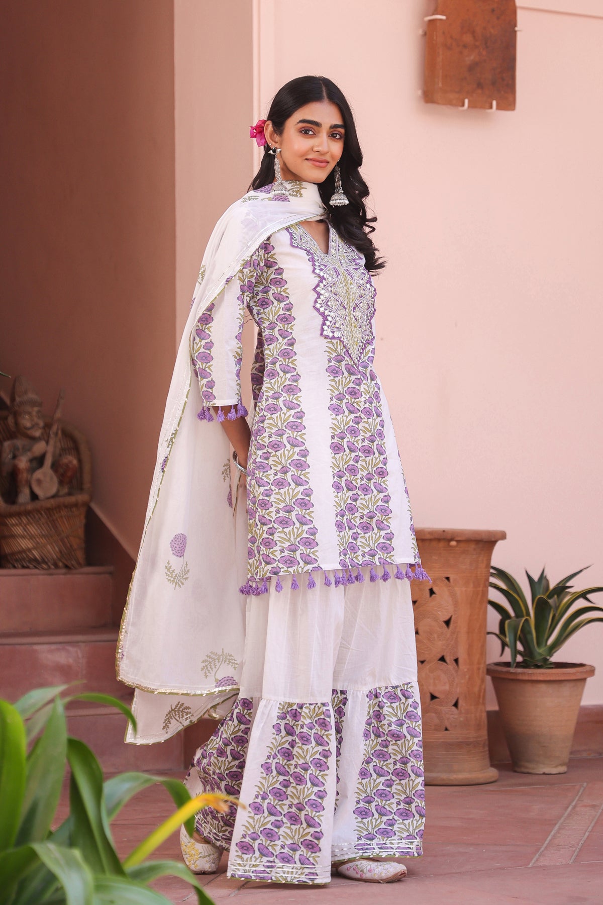 Purple Cotton Block-Printed Embroidered Sharara Set