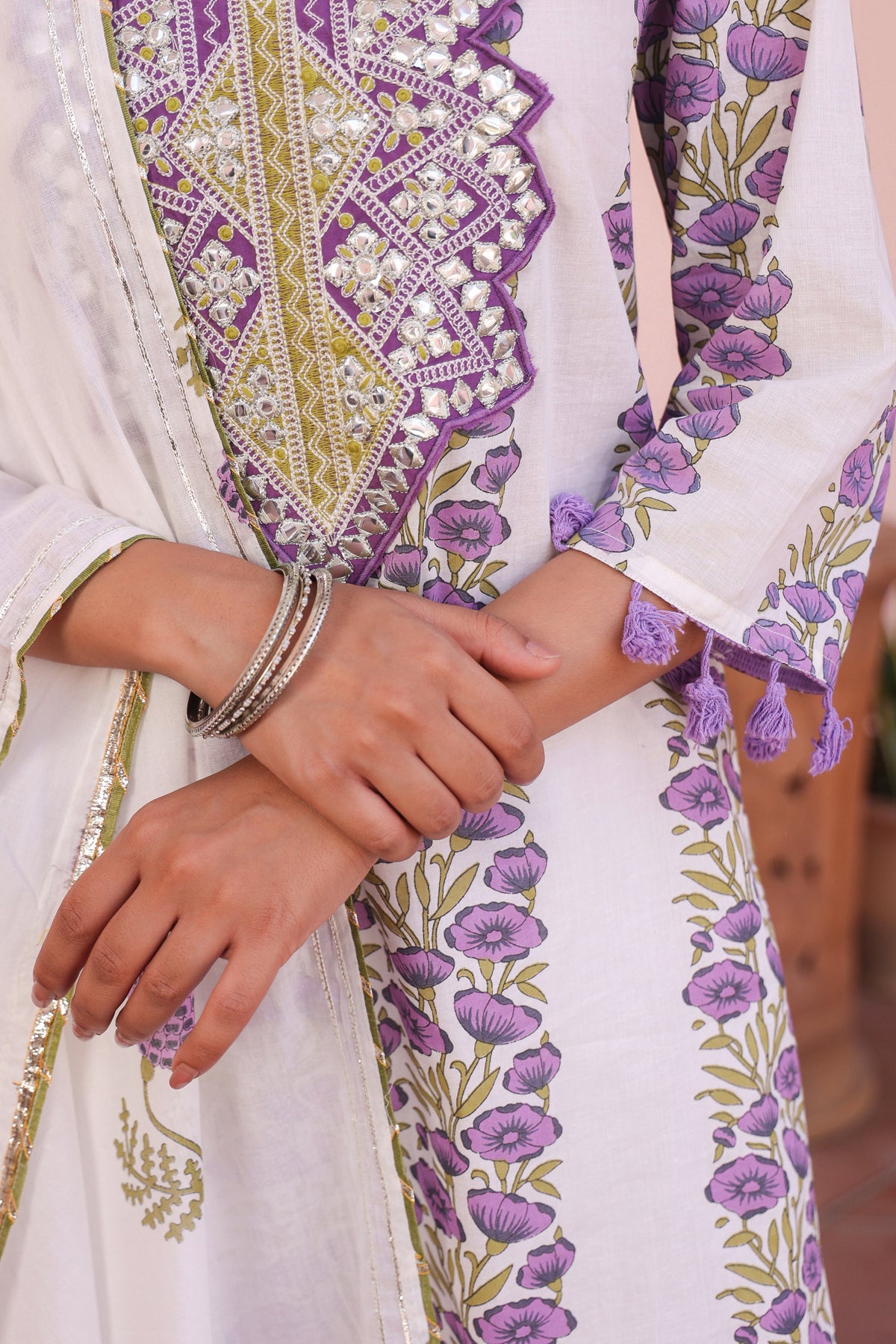 Purple Cotton Block-Printed Embroidered Sharara Set