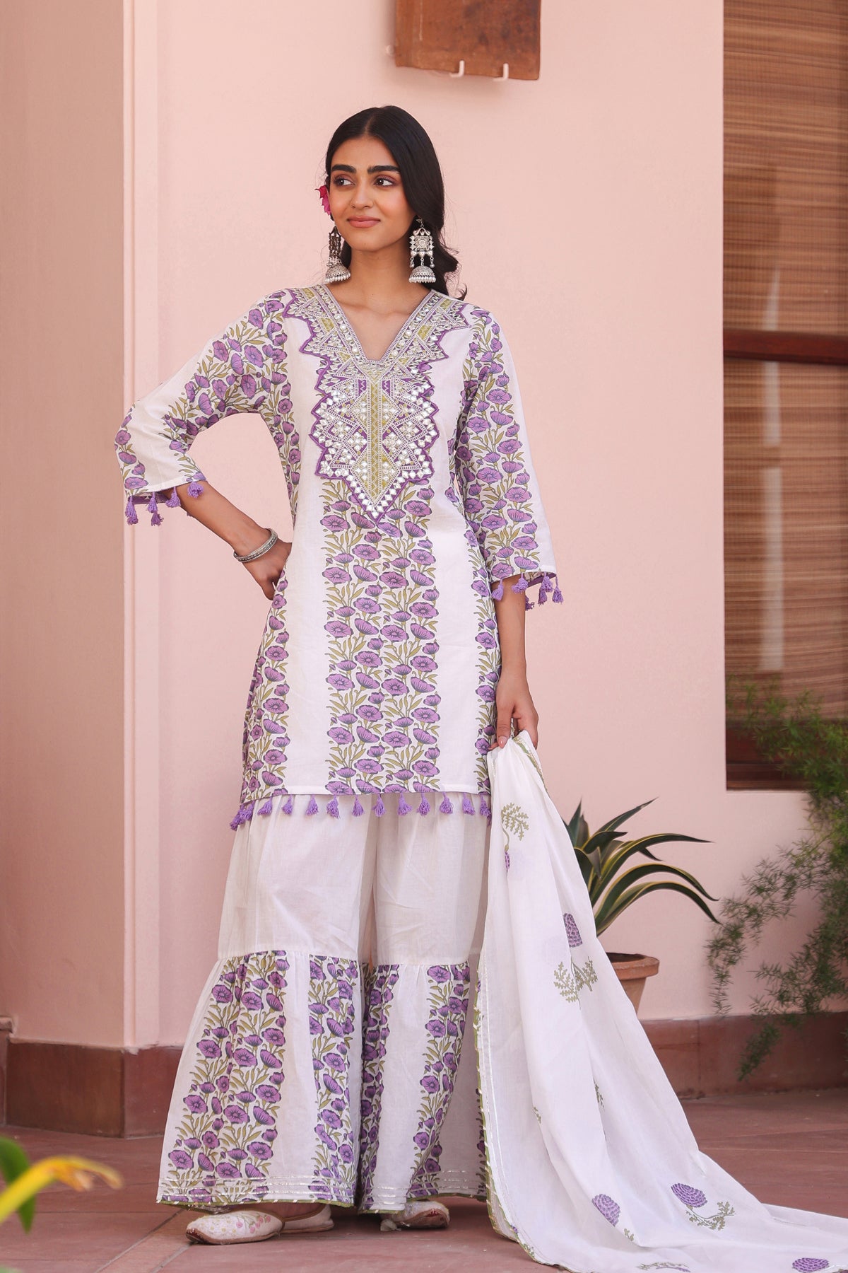 Purple Cotton Block-Printed Embroidered Sharara Set