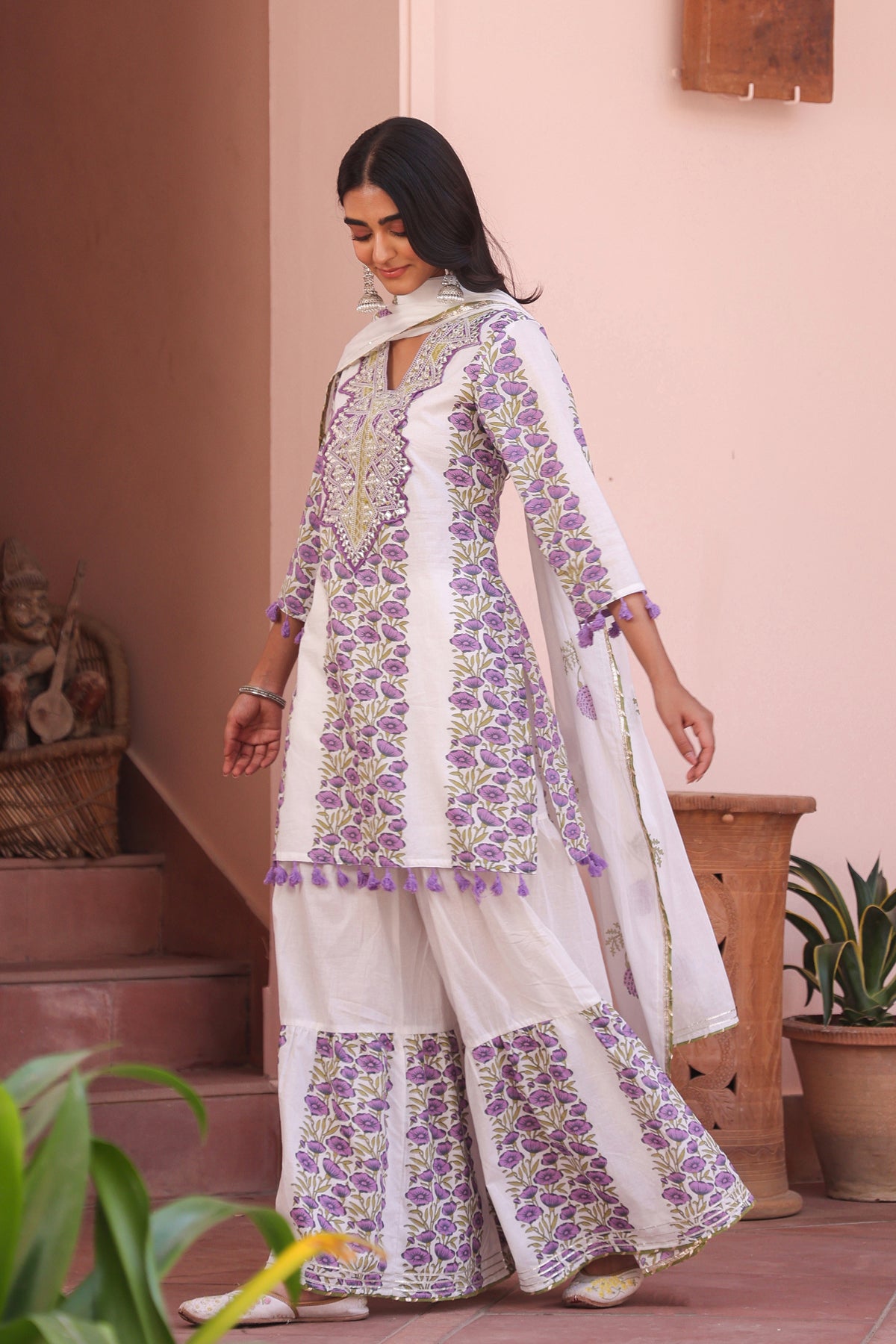 Purple Cotton Block-Printed Embroidered Sharara Set
